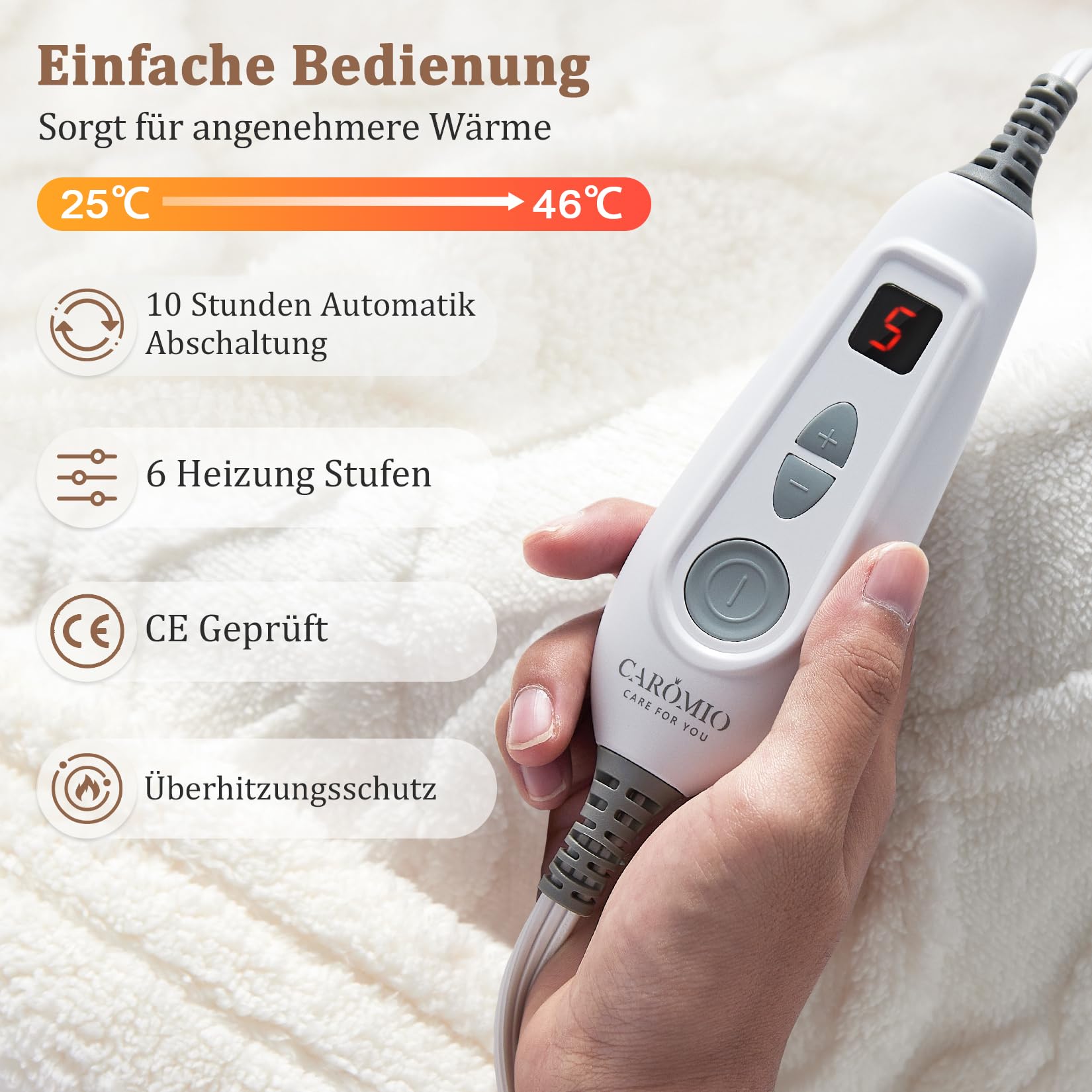 Heizdecke Mit Abschaltautomatik – Wärmedecke Elektrisch, 6 Heizstufen, LCD-Controller, 10h Beheizbare Decke, Waschbar, Ultraweiche Elektrische Heizdecke für Wärme & Komfort