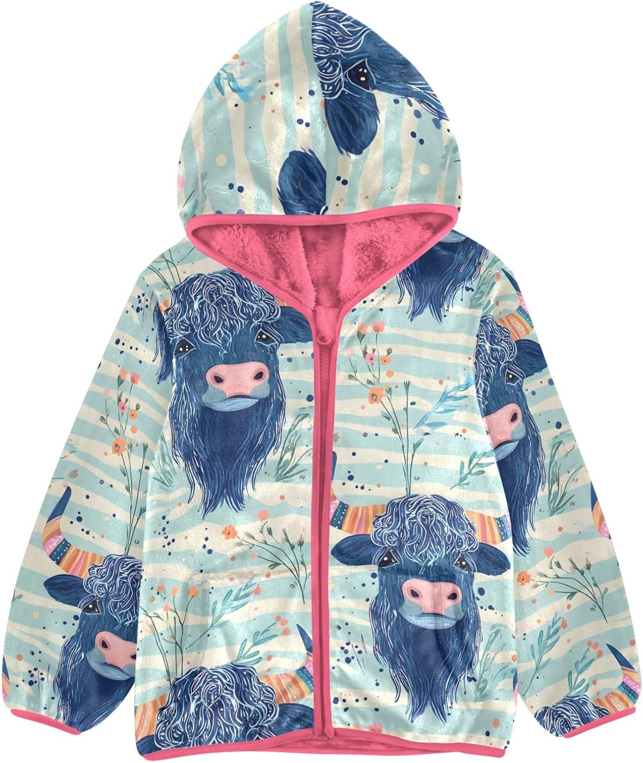 Girls Hoodie Outfit Cow Floral Pattern Zipper Sweatshirt Coat Fleece Jacket for Kids 3-10T
