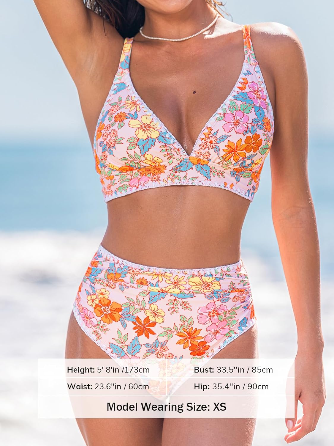 CUPSHE Women's Bikini Sets High Waisted Swimsuit Deep V Neck Crisscross Back Tie Stitching Ruched Full Coverage