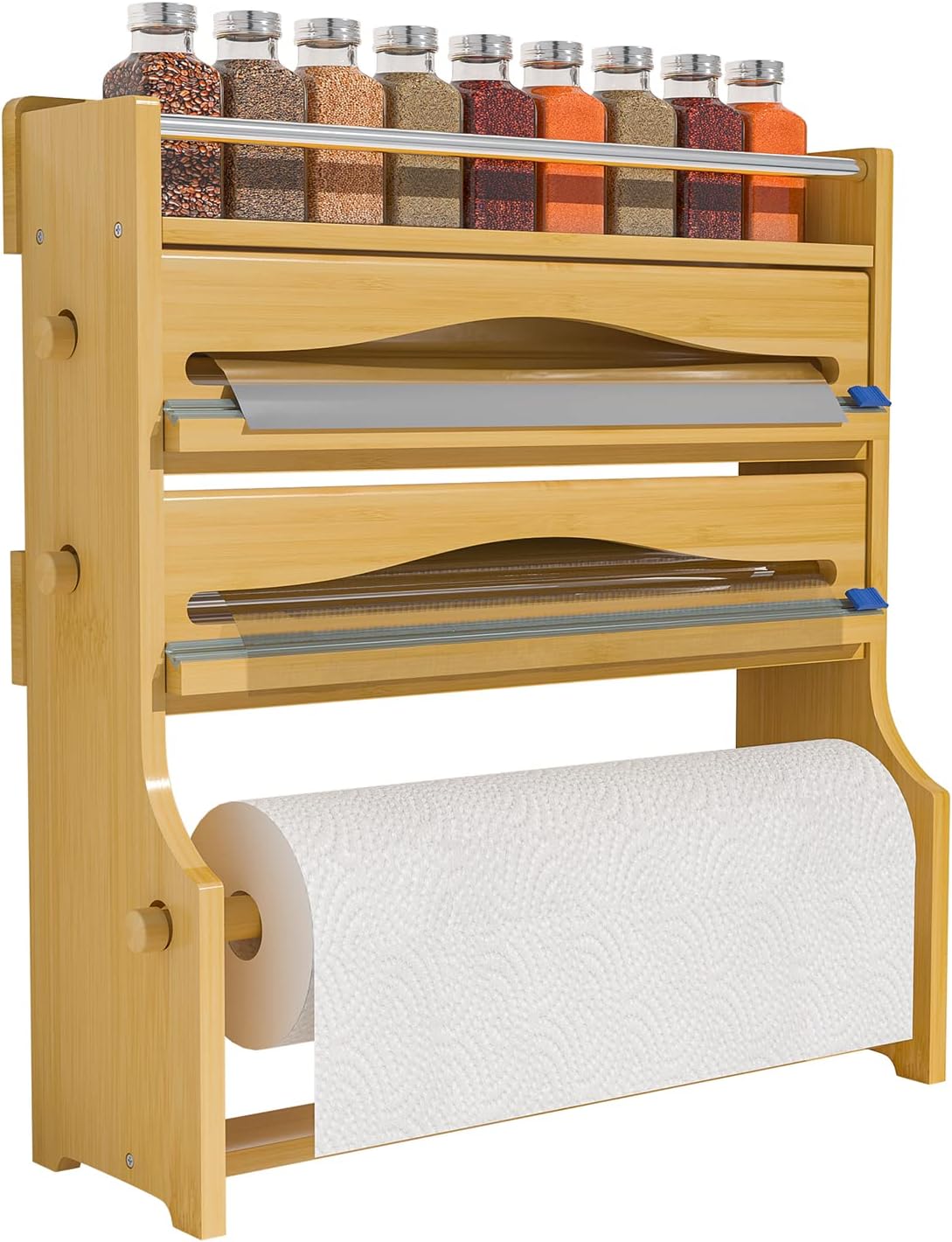 Foil Plastic Wrap Organizer Dispenser - Wall Mounted Bamboo Kitchen Paper Towel Holder with Spice Shelf,4 in 1 12" Roll Dispenser with Cutter
