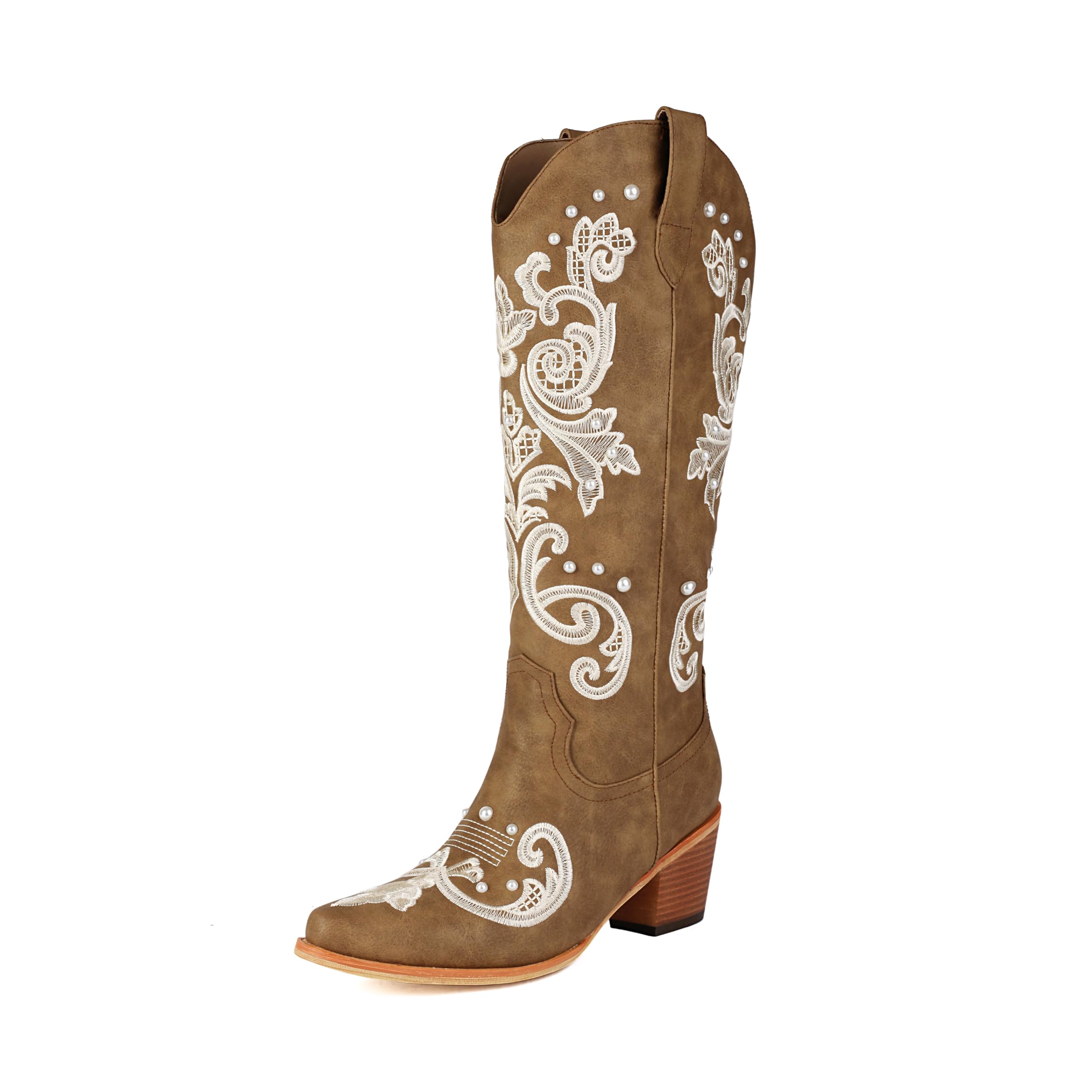 Cowboy Boots for Women Pearl Embroidered Cowgirl Boots Western Chunky Heel Mid Calf Boot with Zipper