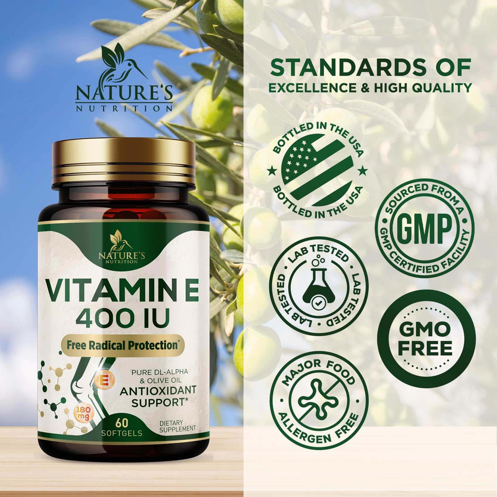 Vitamin E 180mg Per Serving - E Vitamins DL-Alpha, Antioxidant-Rich Dietary Supplement for Skin, Heart, and Immune Support, USA Bottled, Easily Absorbed, Non-GMO & Gluten Free - 60 Softgels — Amazon image 4