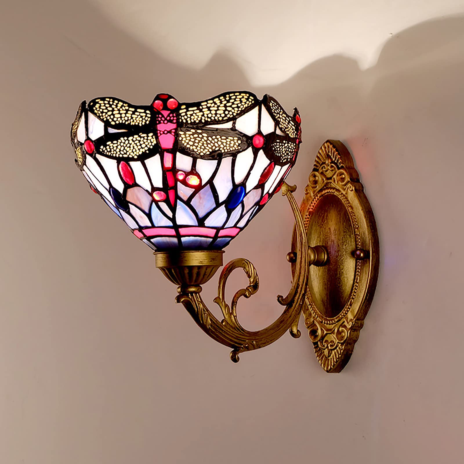 Antigua libélula Estilo Tiffany lámpara de Pared, 8 Pulgadas de Cristal Rojo Perlas de Vidrio de Color Bronce Base de luz de Pared, Estilo rústico Victoriano lámpara de Pared para la Escalera
