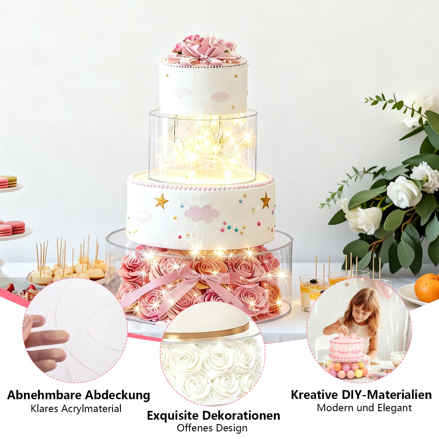 Soporte para tartas rellenable de 3 niveles, soporte acrílico para tartas, exhibición de cilindro, con luces LED, decorativo transparente, soporte para postres para cumpleaños, bodas y celebraciones