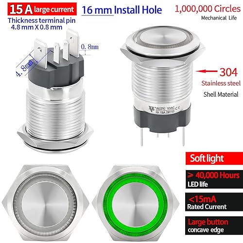 Miniatura 20 de Interruptor de botón ZJWZJH de 15 amperios con pestillo de 0.630 in, impermeable, IP67, 12 V, CC, 24 V, encendido y apagado, luz LED azul