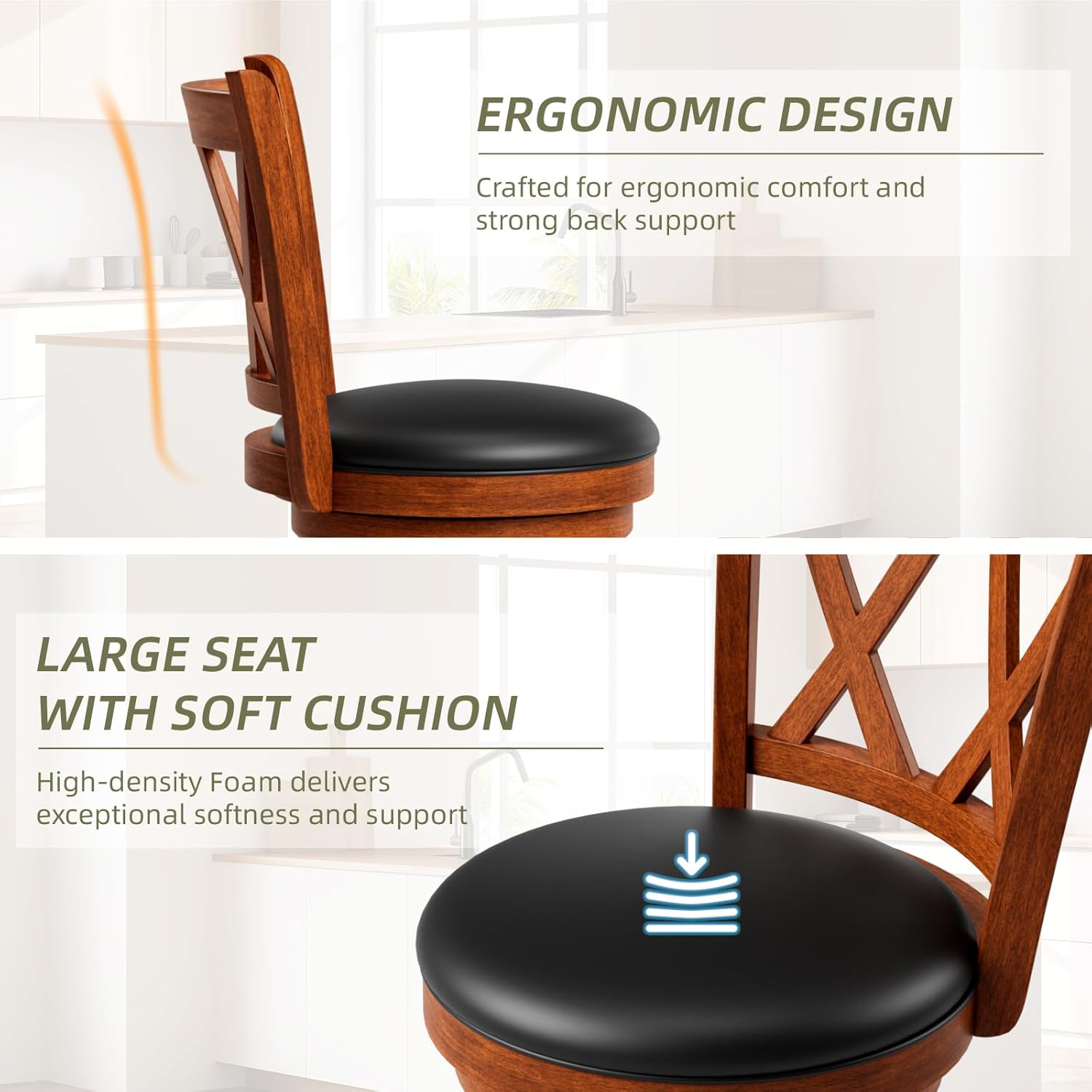 Swivel Bar Stools Set of 2, Farmhouse 30" Counter Height Barstools with Carved Backs, Upholstered Bar Chair with Solid Wood Legs & Footrest for Kitchen Island, Home Bar, Pub. Rustic Brown