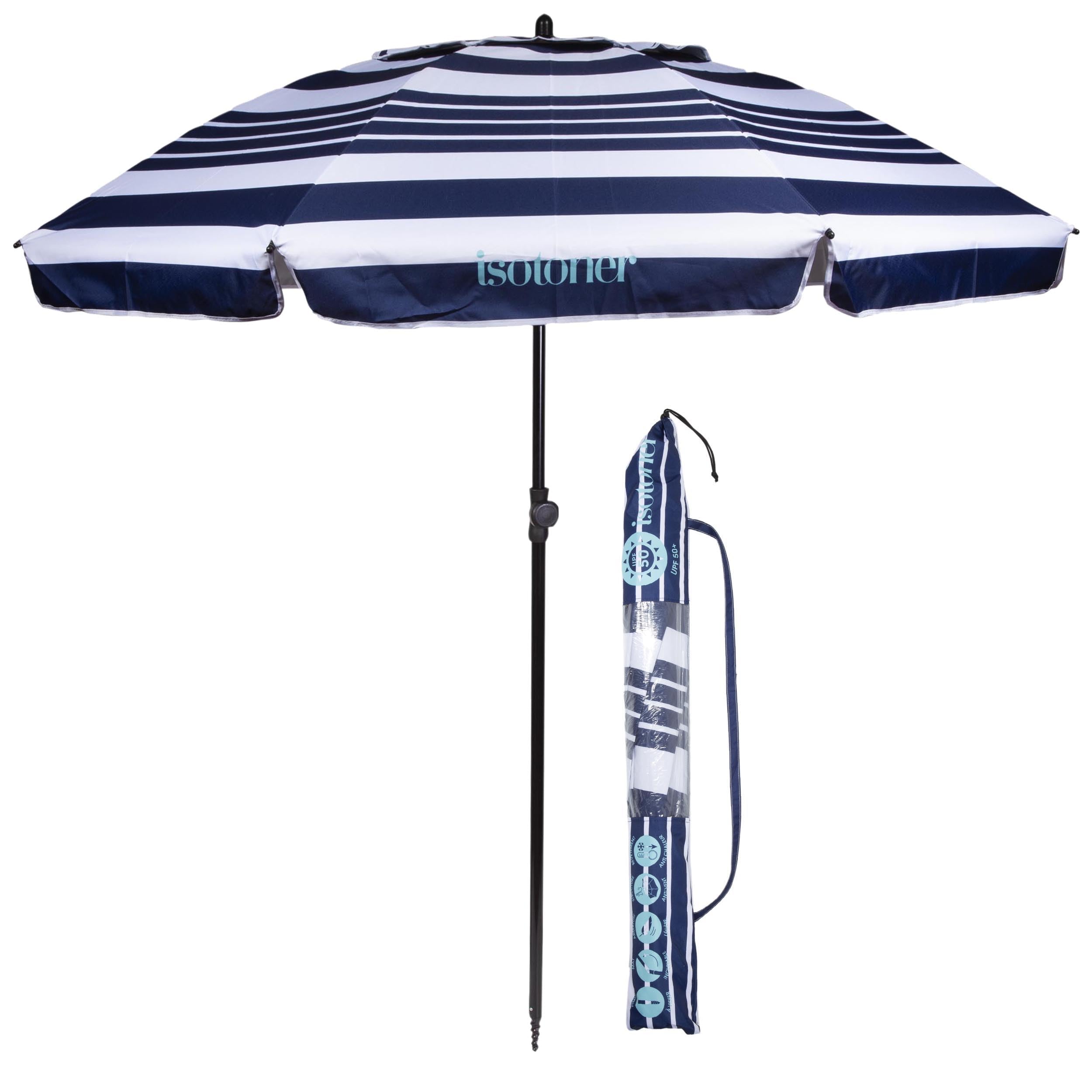 Isotoner Parasol de plage de plage, ultra résistant, structure anti vent, léger réglable en hauteur et inclinaison et anti uv upf50+, 160 cm rayure mixte marine