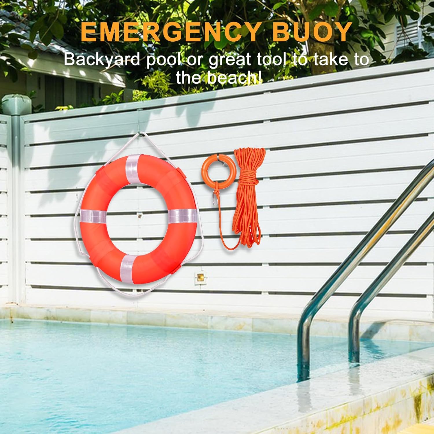 Photo 1 of  20 Inch Life Preserver Ring with Water Floating Lifesaving Rope 98.4FT Set, Swim Foam Buoy Swimming Pool Safety Throwing Ring Rope Rescue Lifeguard Wall Decoration 