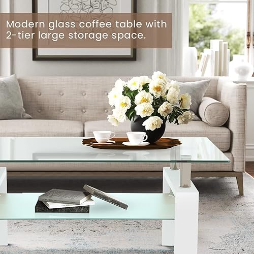 Miniatura 4 de DKLGG Mesa de centro de cristal mesa central rectangular con estante inferior mesa de centro blanca moderna de 2 niveles con patas de tubo de metal