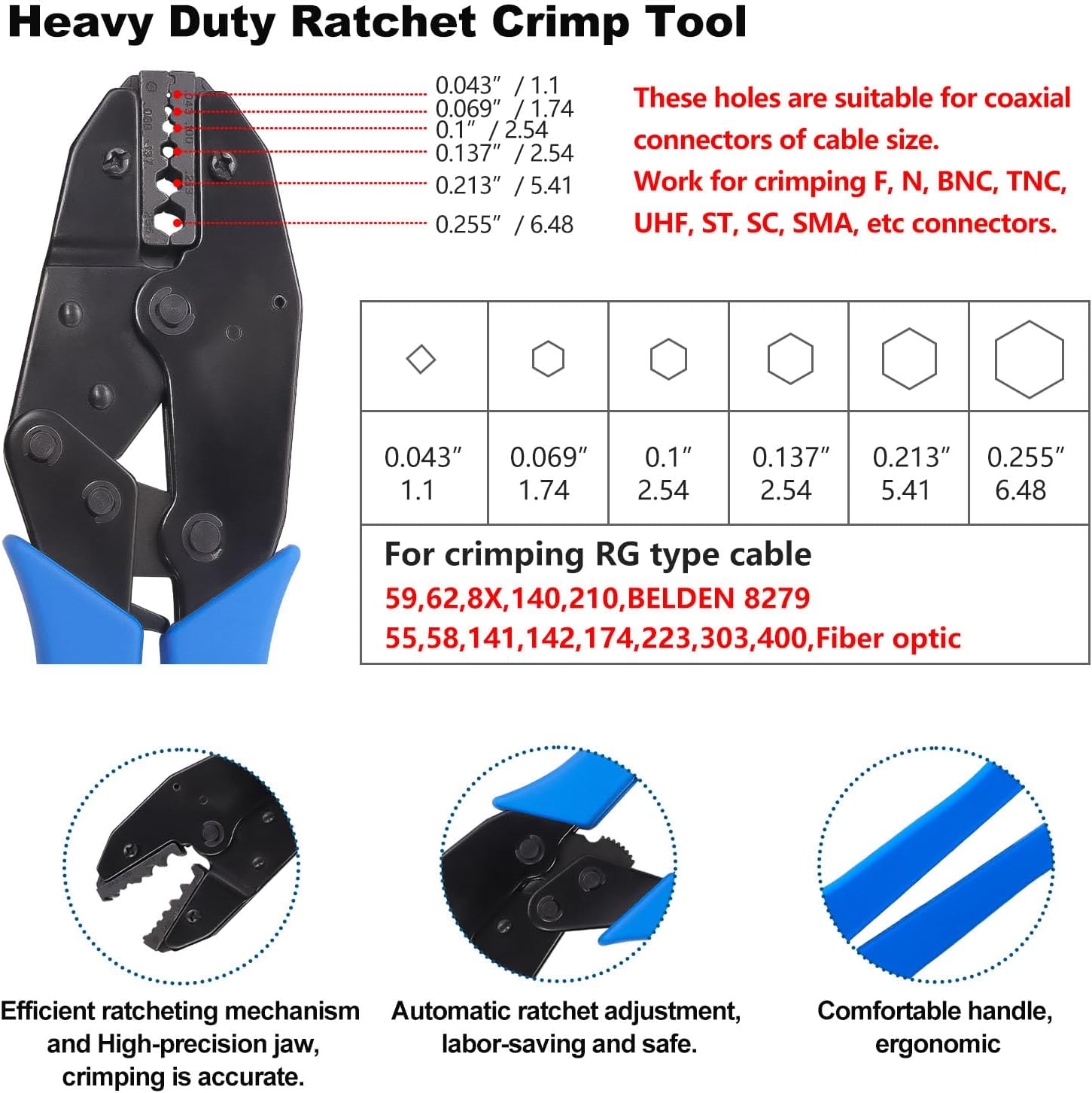 mxuteuk Coaxial Cable Tool Kit,BNC Crimp Tool with 8PCS BNC/UHF Crimp Male Connectors 1PCS Coaxial Cable Stripper 1PCS Wire Cutter for RG58, RG59, RG62, RG174