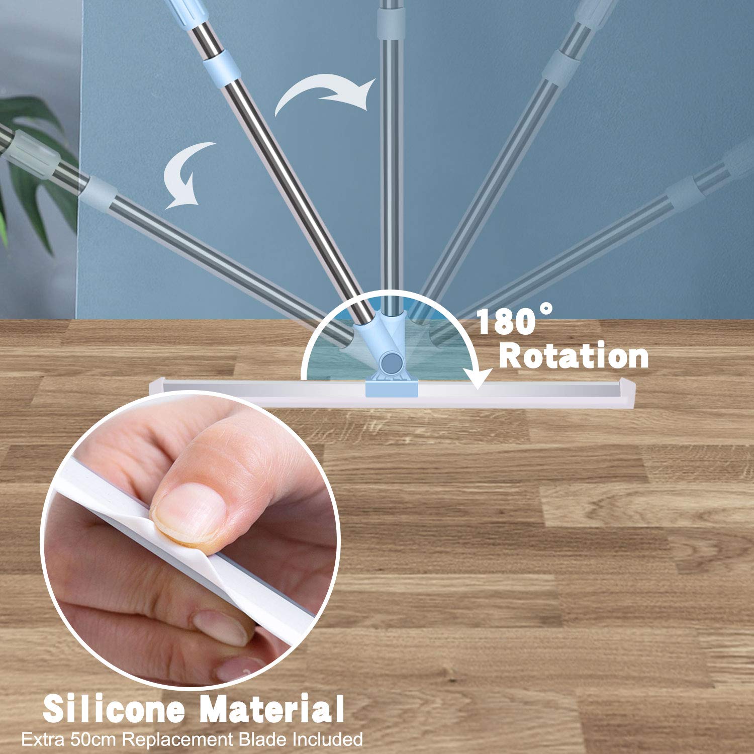 Escobilla de Goma de 50 cm Pare Suelo, Escoba de Goma con Mango 130cm Ajustable, Enjugador de Ducha de Alta Resistencia para Cuartos Húmedos, Azulejos, Baño, Suelos, Ventanas