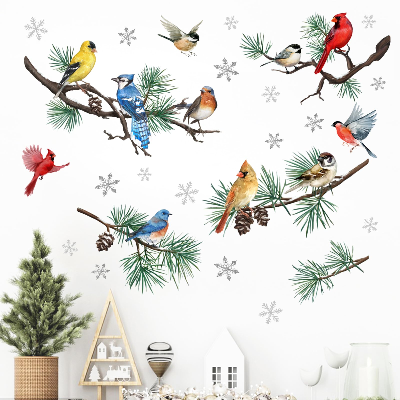 Mfault Winter Birds Wall Decals Stickers, Cardinal Bluebird Robin Goldfinch Chickadee Bullfinch Decorations Bedroom Art, Christmas Pine Cone Branches Snowflake Seasonal Home Living Room Kitchen Decor