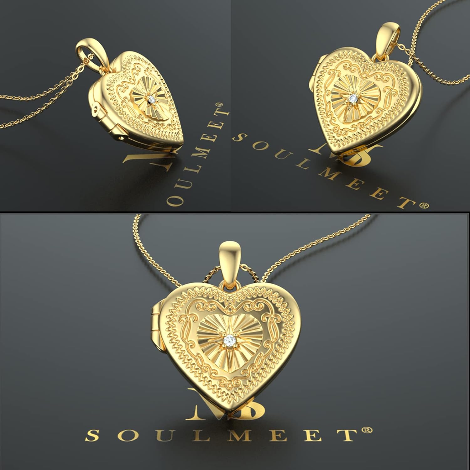 SOULMEET 10K 14K 18K Solid Gold Personalized Sunflower/Starburst/Cross/Rose/Lotus/Butterfly/Turtle/Celtic/Bee Heart Locket Necklace That Holds Picture Gift Choice - Image 2