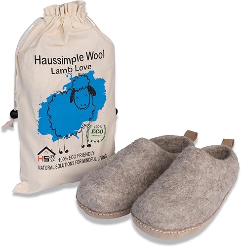 HAUSSIMPLE Wool Indoor Slippers Unisex Cozy House Shoes for Men Women Natural Sheep Felt Bedroom Warm Slip-On Soft Comfy Sheepskin Loafers