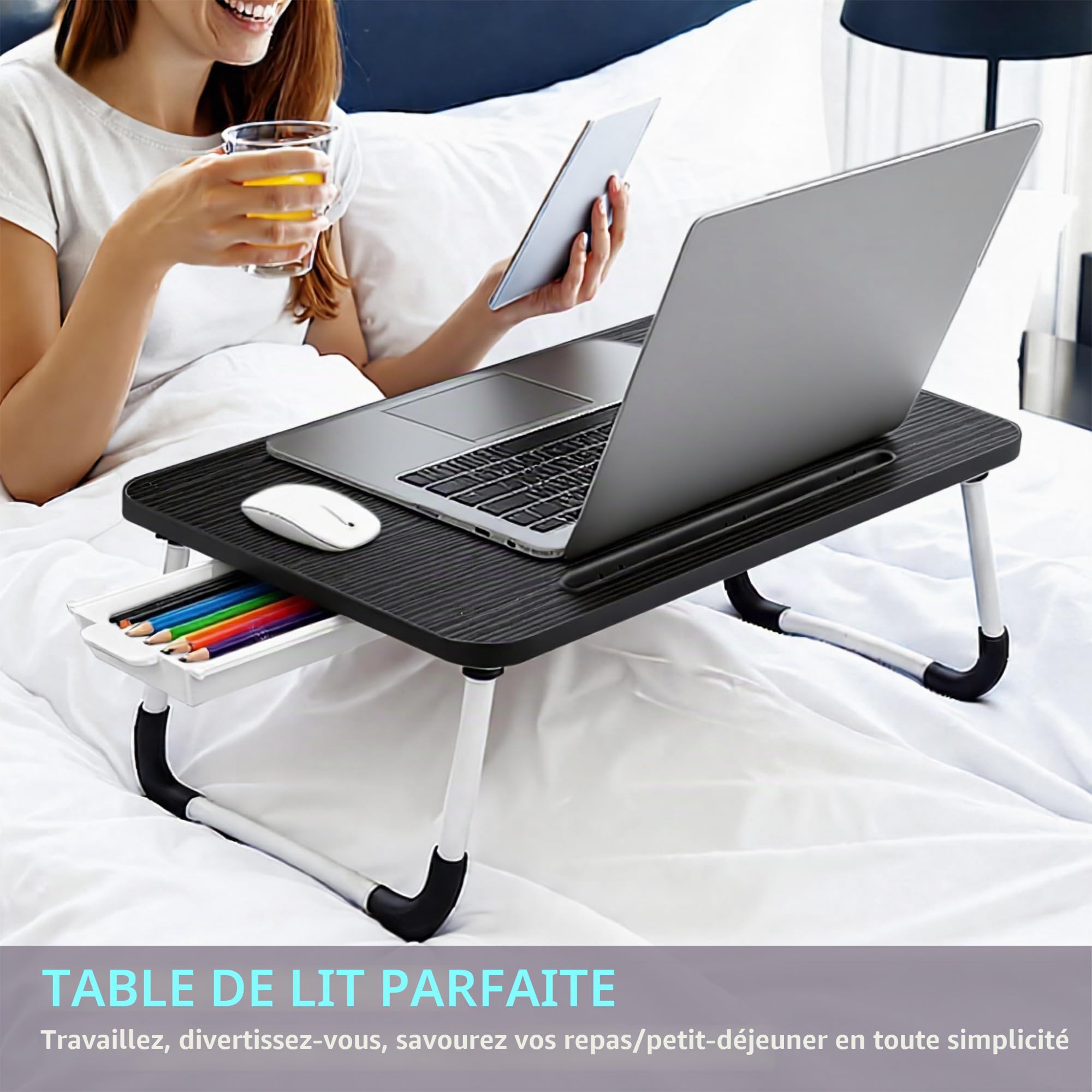 Small Bureau de lit pour Ordinateur Portable, 48 X30 CM Plateau Repas pour Petit-déjeuner au, Travail et Étude, Bureau à Domicile, Support pour canapé lit (Small Black 48x30)