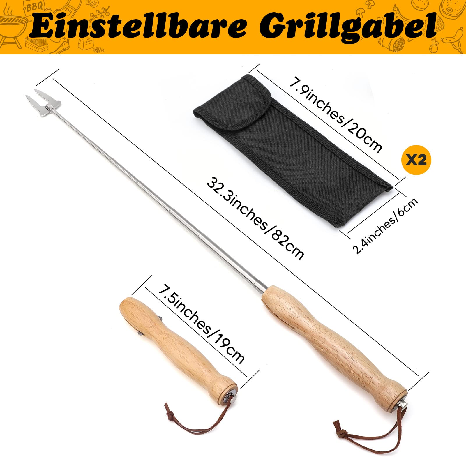 Rożen grillowy, widelec do grilla, wysuwany, 2 sztuki, stal nierdzewna, drewniany uchwyt, długi ognisko, teleskopowy, wysuwany szpikulec do szaszłyków, widelec do mięsa, do grillowania