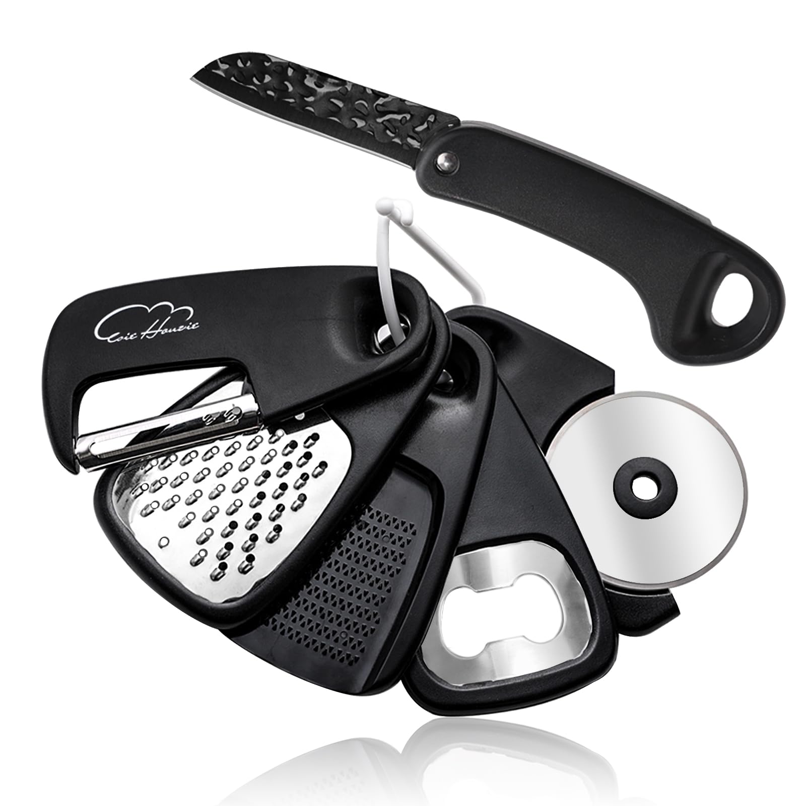 Kitchen Gadgets Set 6 Piece, Space Saving Kitchen Utensils Stainless Steel Accessories Cheese Grater, Bottle Opener, Pizza Cutter, Vegetable Peeler, Paring Knife, Garlic Grinder, Burlap Bag Gift(BLK)