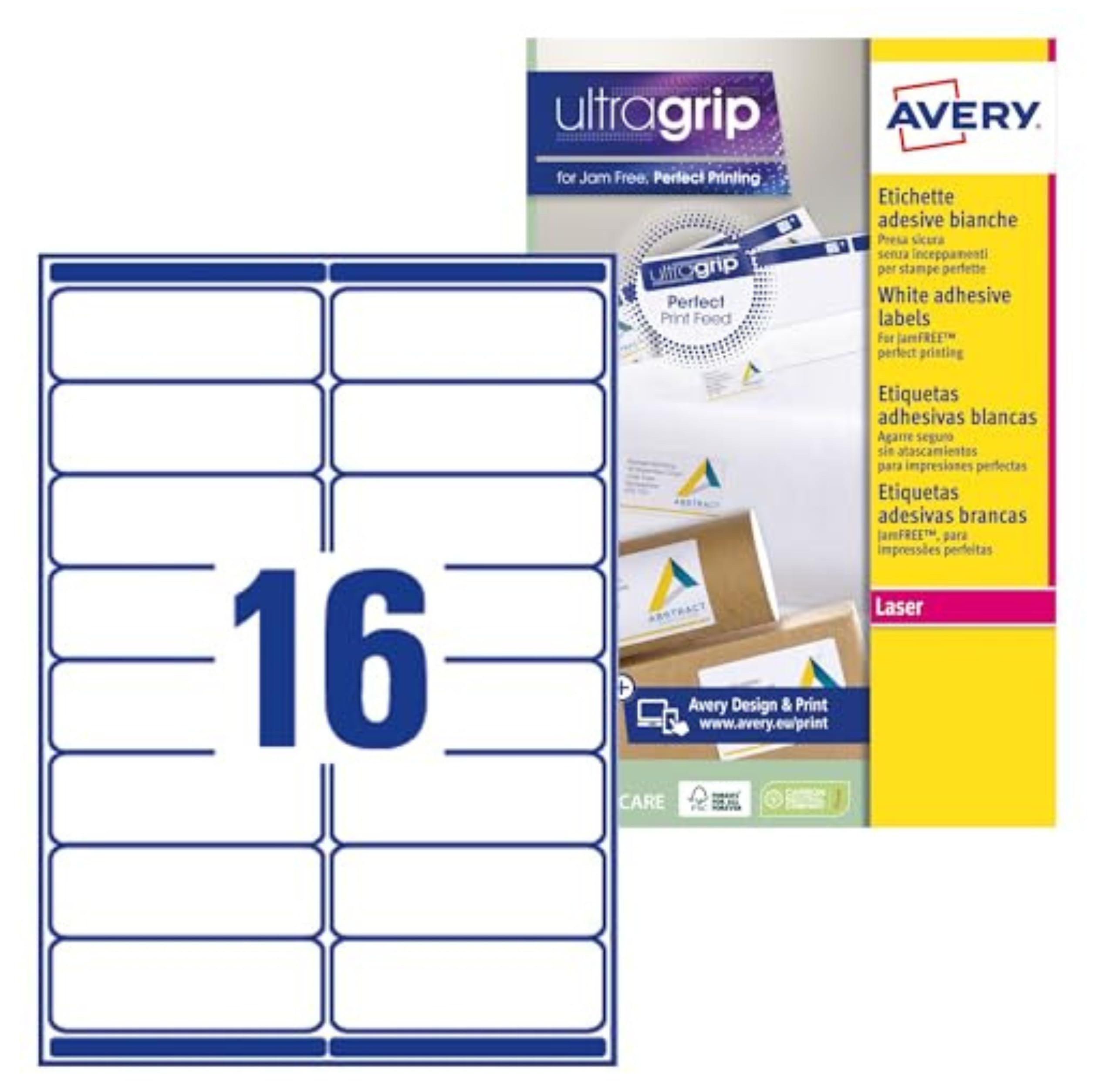 Avery Italia L7162-100 Etichette adesive in carta bianca, 100 fogli A4, rettangolari 99,1x33,9mm, 16 etichette per foglio, adesivo permanente, stampanti laser