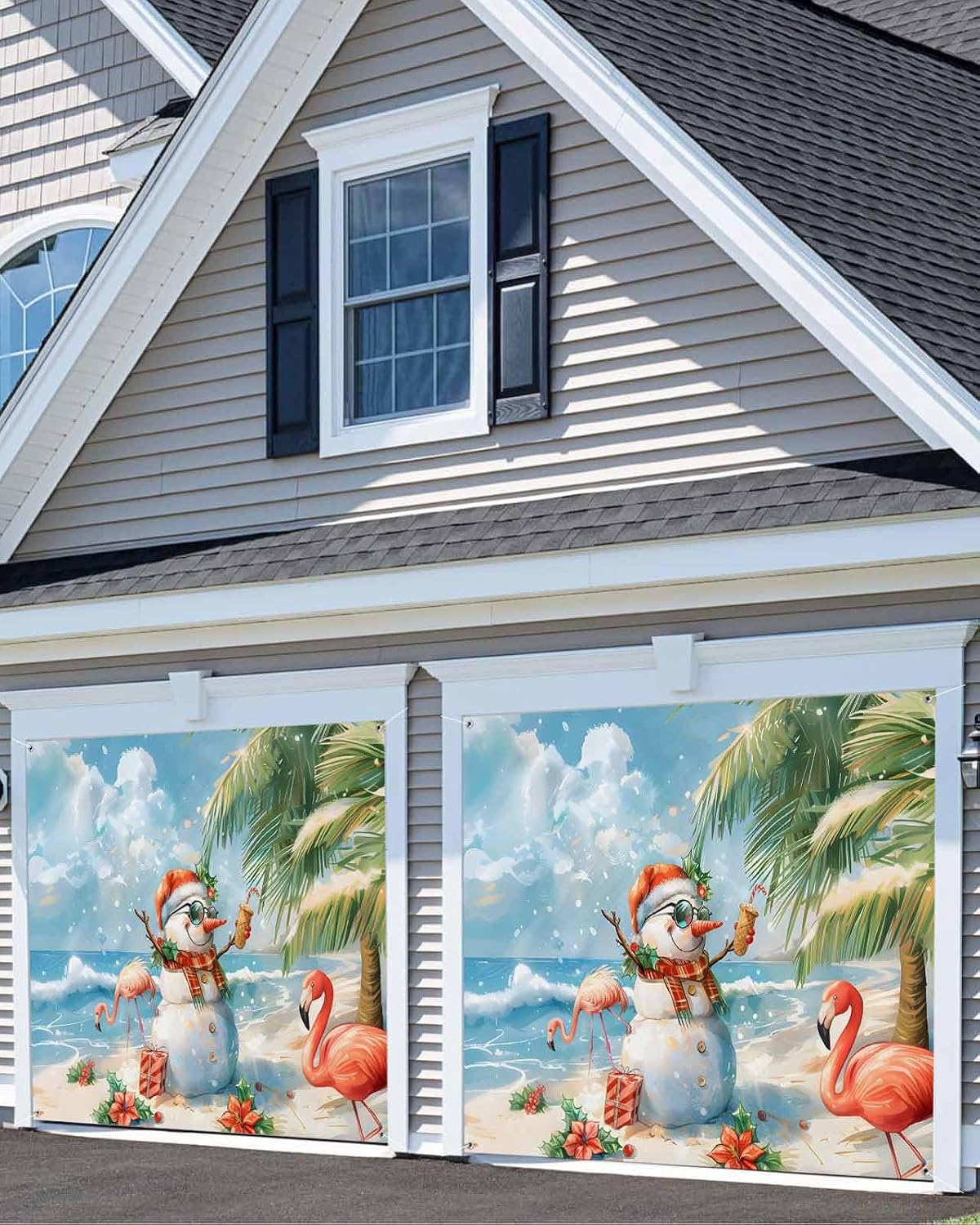 Christmas Garage Door Banner Cover Decorations,Snowman Beach Flamingo Flower Palm Tree Blue Outdoor Hanging Garage Door Covers Christmas Thanksgiving Large Wall Backdrop for Holiday Party,6.8x8ft