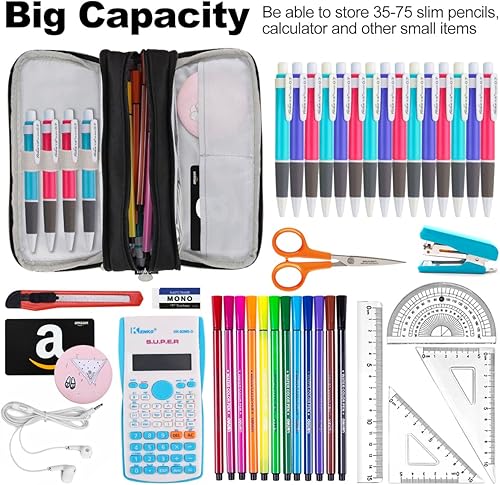 Miniatura 2 de Chelory Estuche para lápices de gran capacidad, bolsa de almacenamiento grande, bolsa de lápices de 3 compartimentos para papelería, estuche para