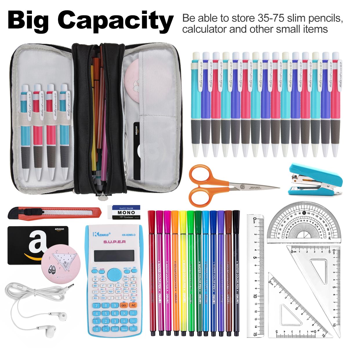 Chelory Großes Federmäppchen mit 3 Fächern für Erwachsene, Schreibtisch-Organizer, Geschenke, Schwarz, Large (4
