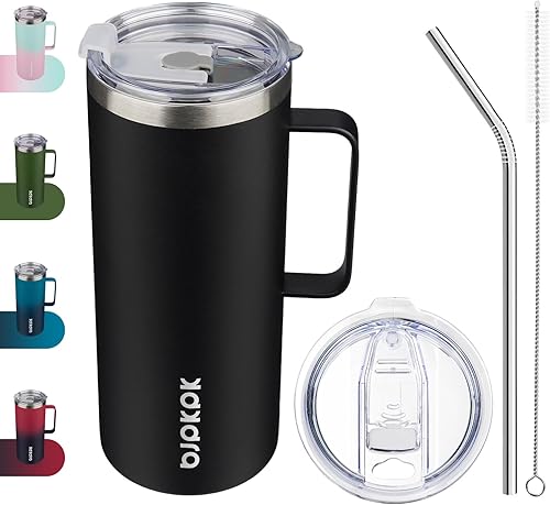 Miniatura 8 de BJPKPK Taza de café aislada con 2 tapas, vaso aislado de acero inoxidable de 25 onzas con asa, tazas de café de doble pared con aislamiento al