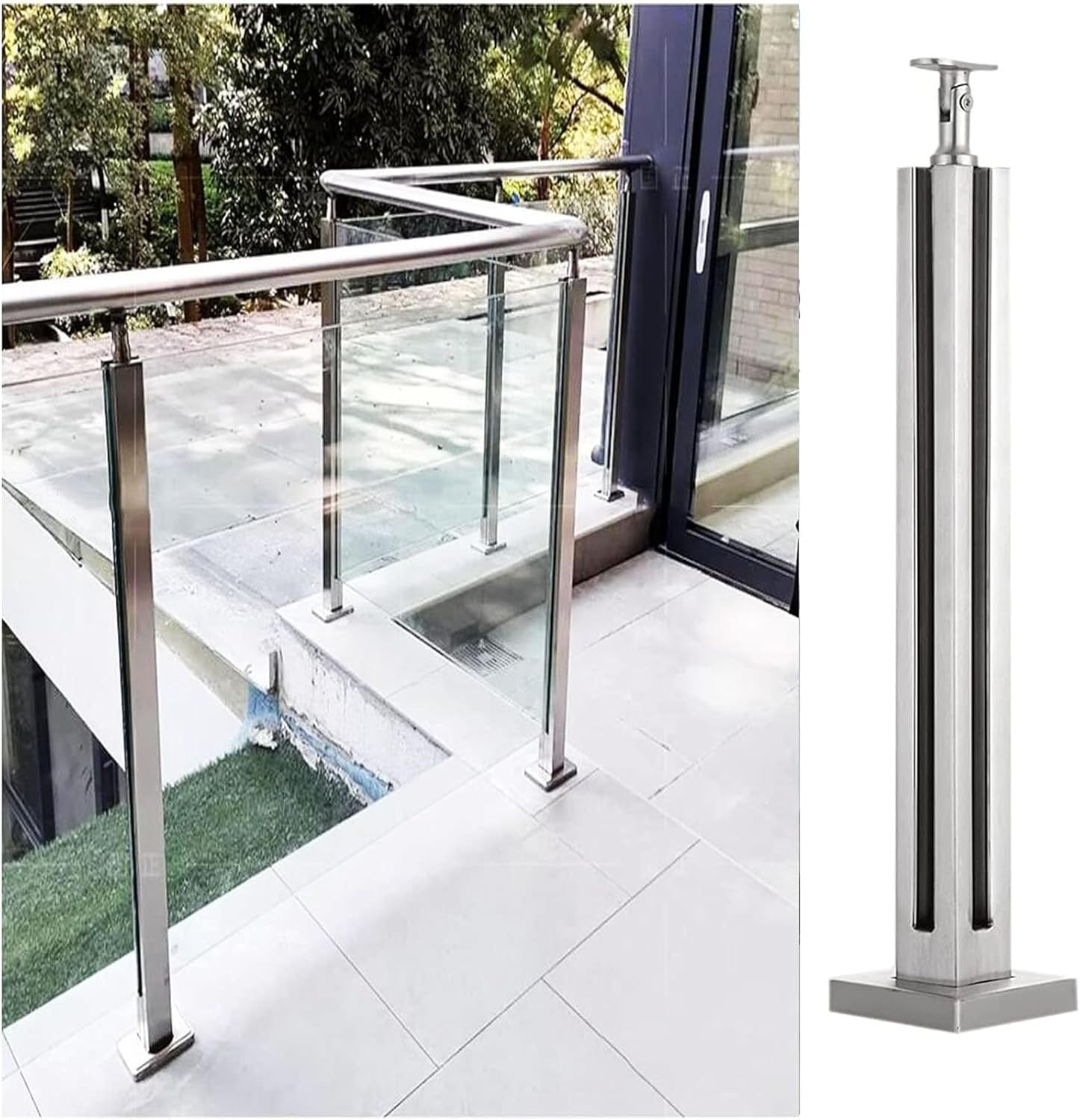 Heavy Duty 304 Stainless Steel Glass Balustrade Post for Indoor Stairs, Concrete Steps & Hallway Lofts - Compatible with 3/8" & 1/2" Thick Glass, Handrail Option Availabl