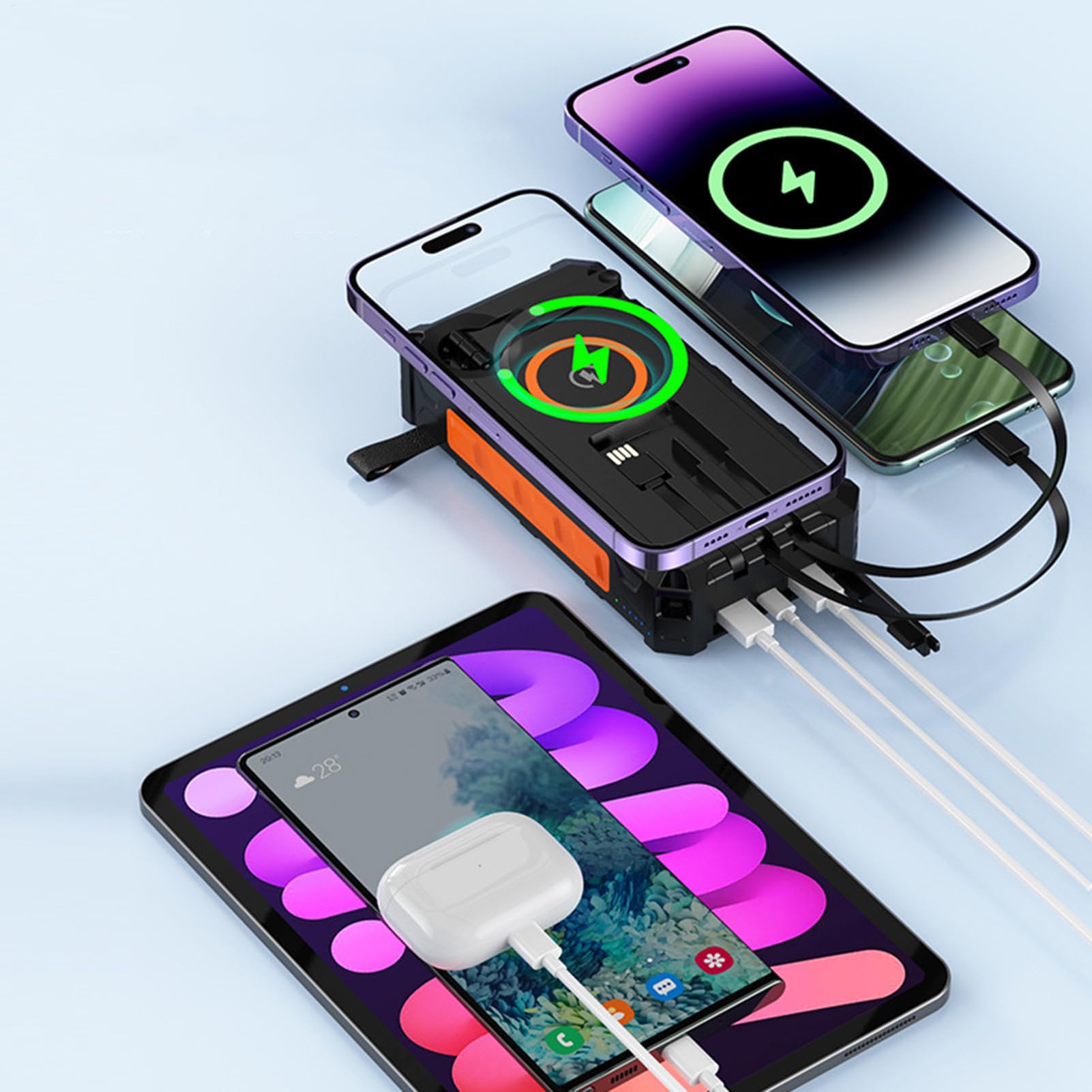 Power Bank Solare Integrata Luce LED Elettronico Wireless | Power Bank A Manovella Per Casa, Escursioni, Campeggio, Pesca, Uomo, Donna, Ragazzi, , Giovani