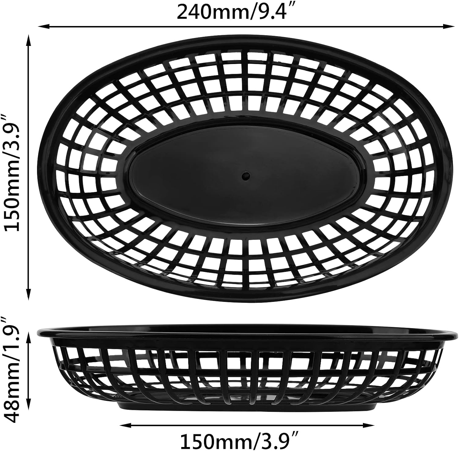 EUSOAR Plastic Oval Serving Baskets, 24pcs, 9.4x6x1.5in, Black, Modern Kitchen Storage, Picnic, Burgers, Sandwiches & Fries, Microwave & Dishwasher Safe