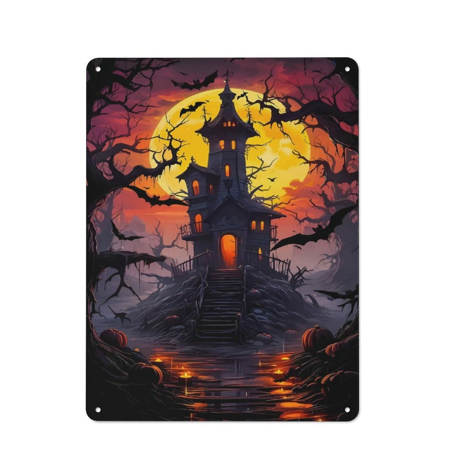 Junmoney Haunted House Halloween Vintage Metal Wall Sign 40X30cm For Garage Or Workshop, For Metal Sign Collectors, For Garage And Workshop Walls