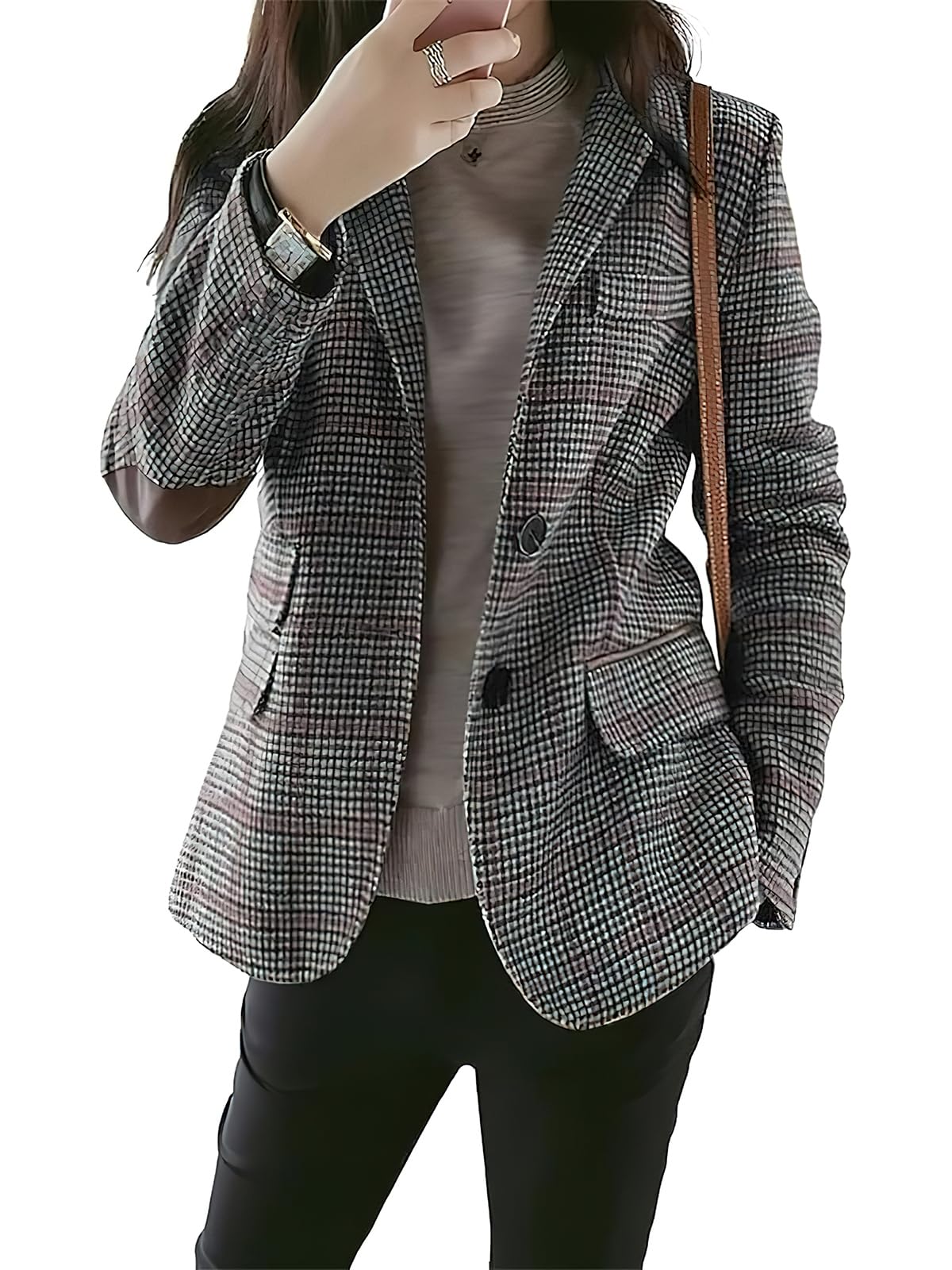 Women's Fashion Notched Lapel Wool Plaid Blazer Slim Long Sleeve Jacket with Elbow Patch-image-39