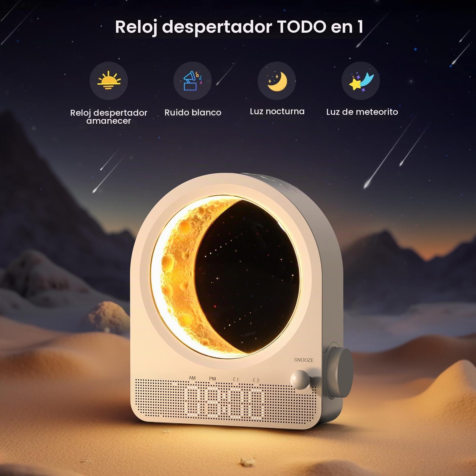 Despertador Sunrise Light, 10 sonidos blancos y función de cuenta atrás, luz lunar y meteorito con brillo ajustable - Blanco