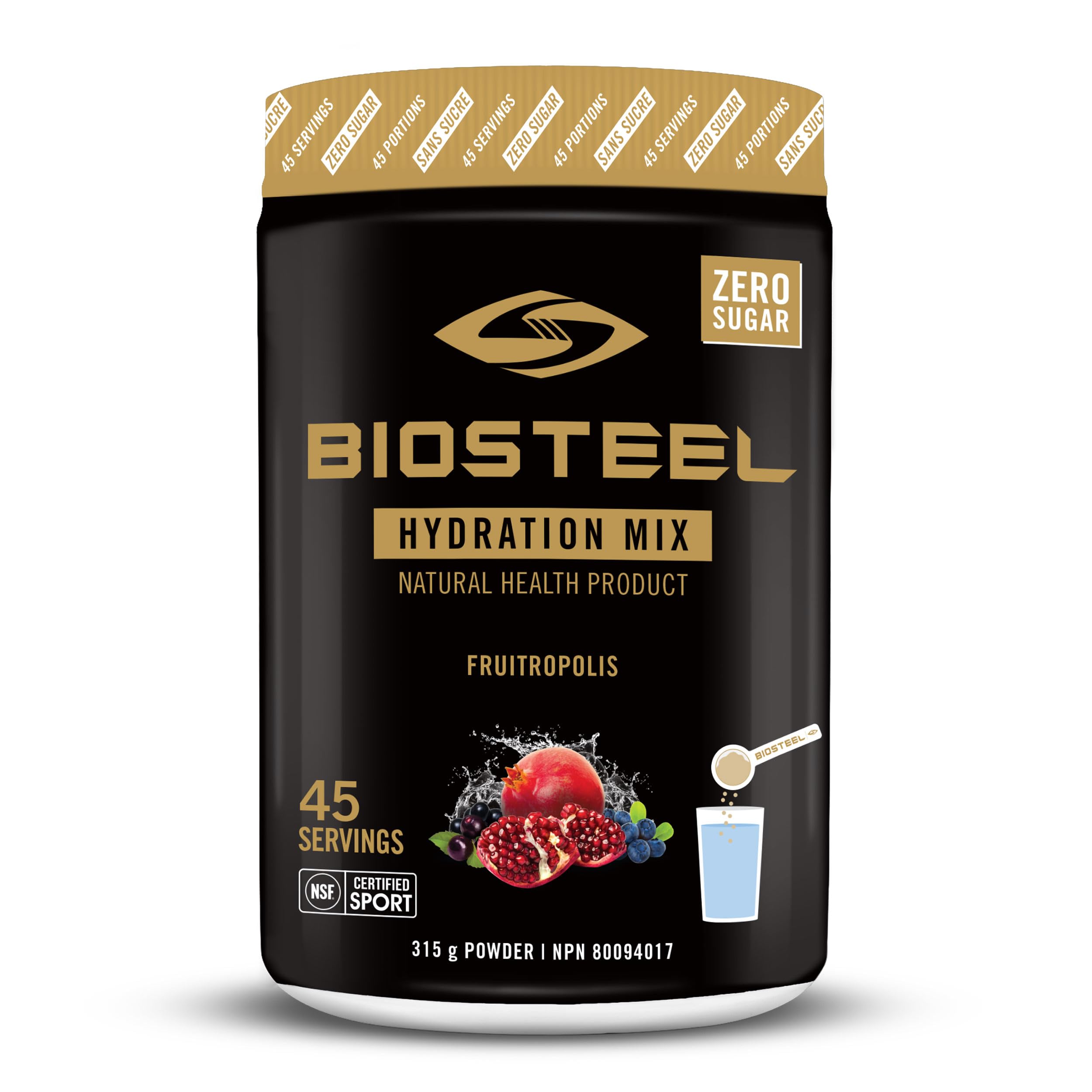 Mezcla hidratante Biosteel Zero Sugar: hidratación de gran sabor con 5 electrolitos esenciales, Fruitropolis, 45 porciones por envase