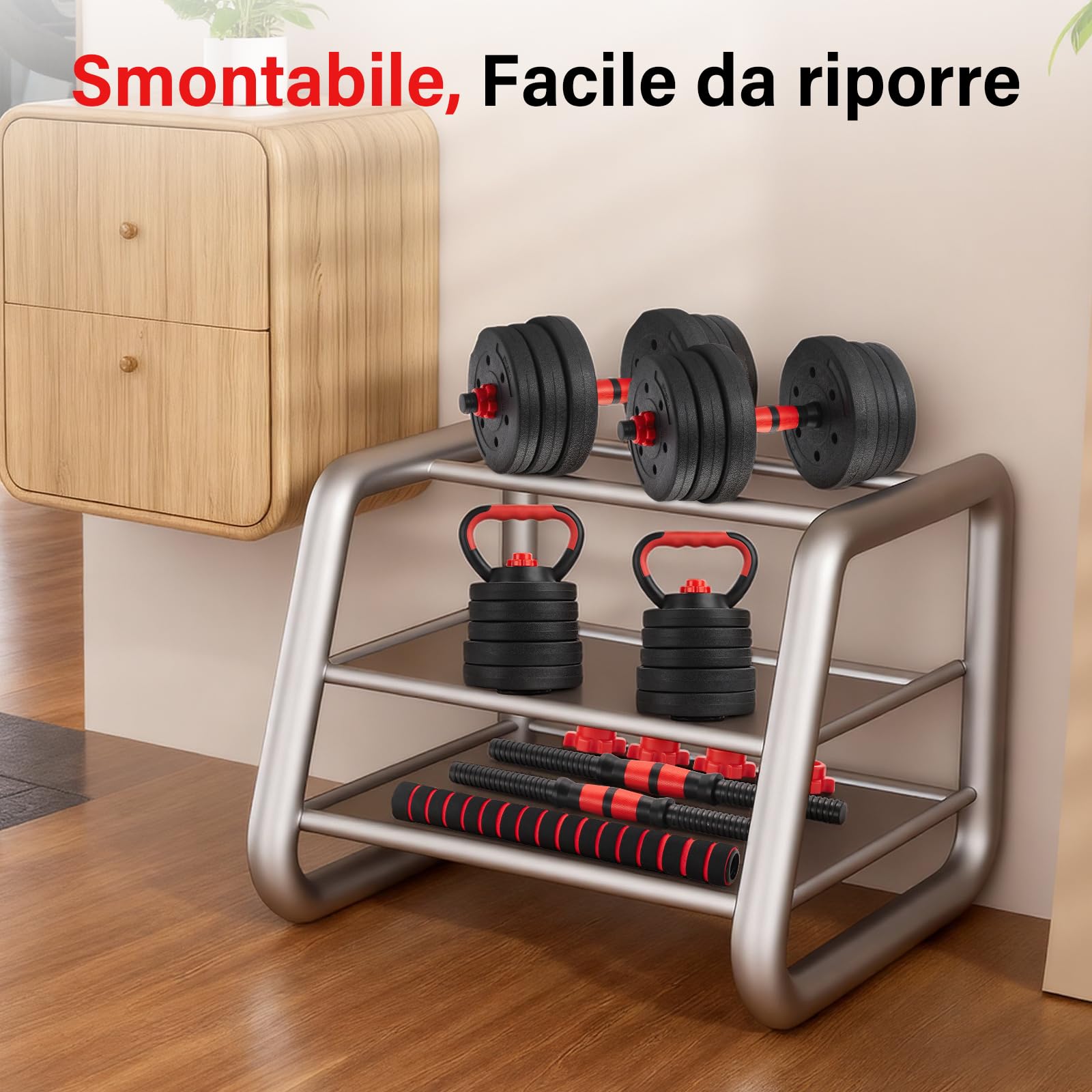 TEENO Kit Completo per Muscolazione 15 kg, 20 kg, 30 kg con Kettlebell, Manubri, Barre e Supporti per Flessioni, Ideale per il Fitness Domestico