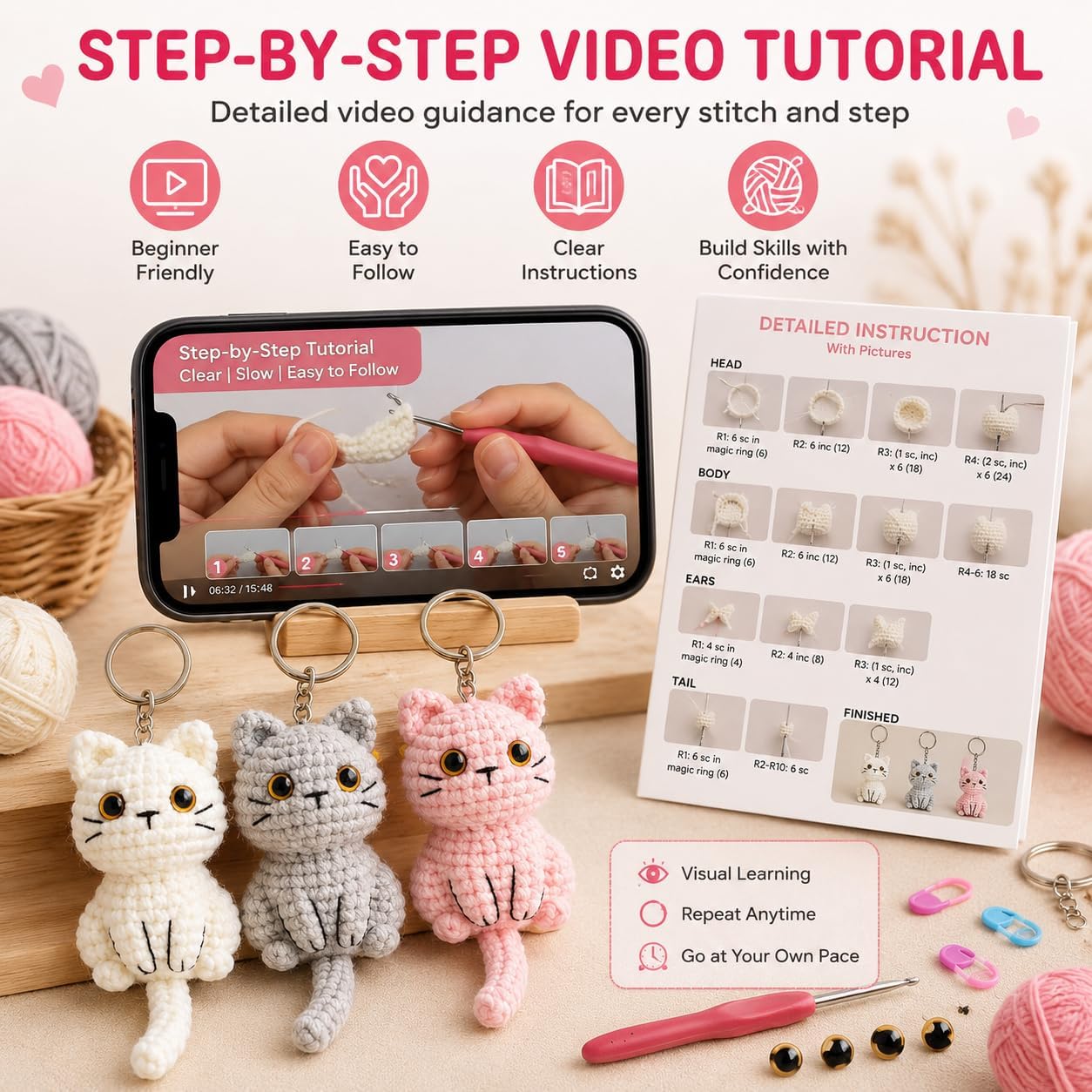 Crochet Kit for Beginners - 3 Pcs Cat Keychain Crochet Animal Kit with Step-by-Step Video & Instructions, Complete Crocheting Kit for Adults, Easy Learn to Crochet Starter Set for Crafts