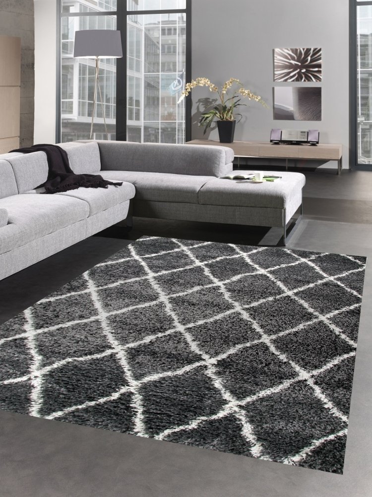 Shaggy Tappeto a Pelo Lungo Motivo a rombidi Colore Crema Grigio Größe 200 x 290 cm