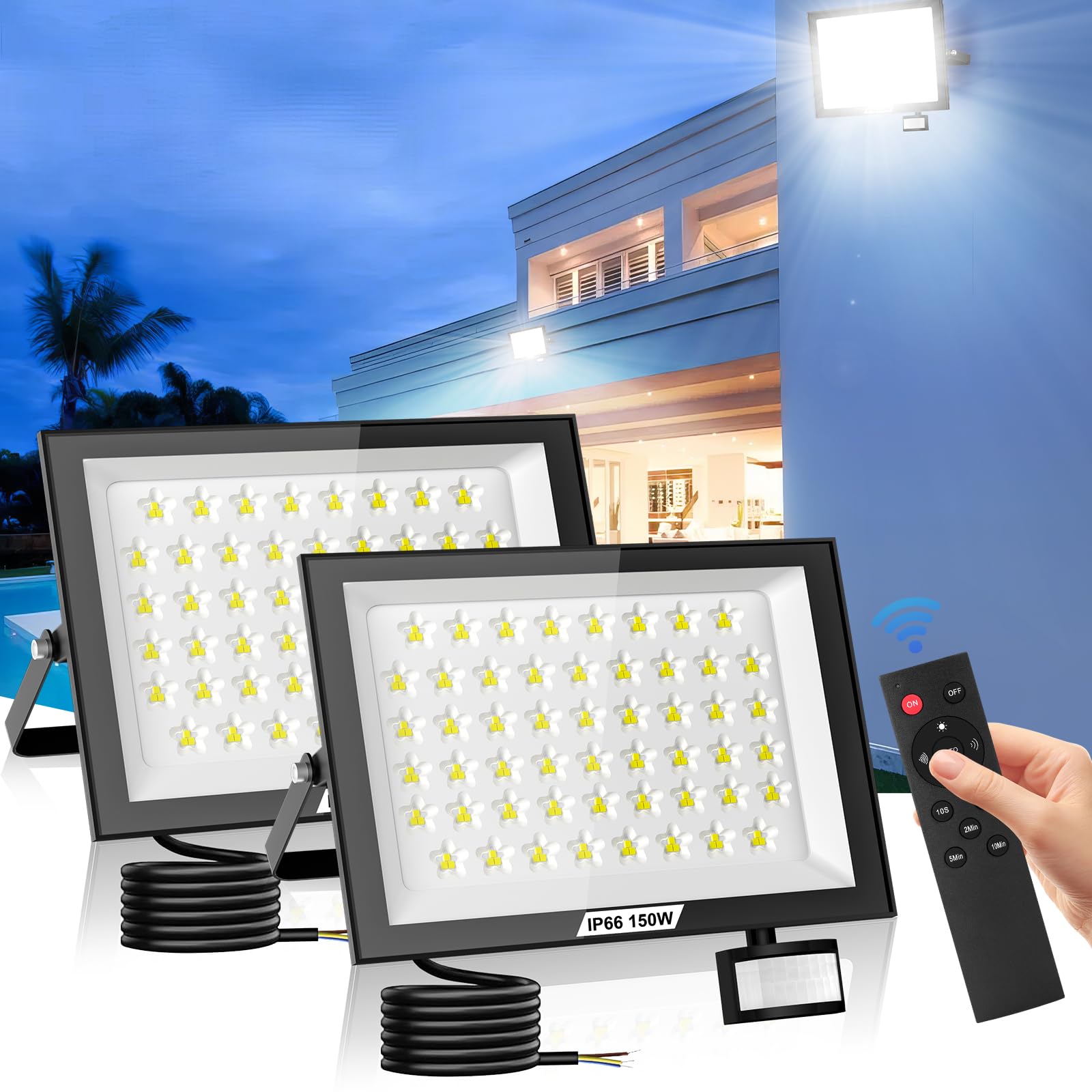 LED Strahler mit Bewegungsmelder Außen 150W 15000 Lumen Fluter Flutlicht - 2er 6500K 180°Erfassungsbereich Scheinwerfer mit Fernbedienung IP66 Wasserdicht Außenstrahler für Garten Hof Garage