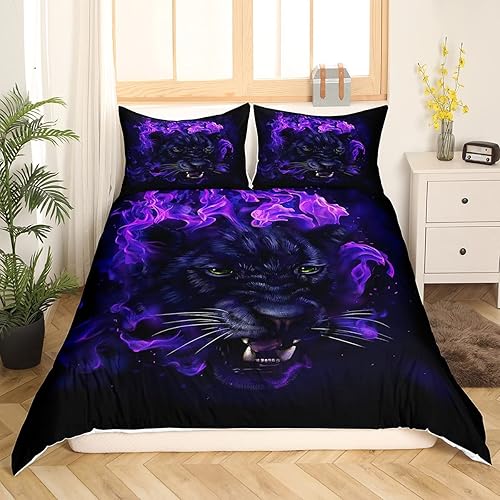 Miniatura 3 de Juego de ropa de cama de leopardo de pantera negra para niños y niñas, funda de edredón de guepardo de safari, funda de edredón azul fuego salvaje,