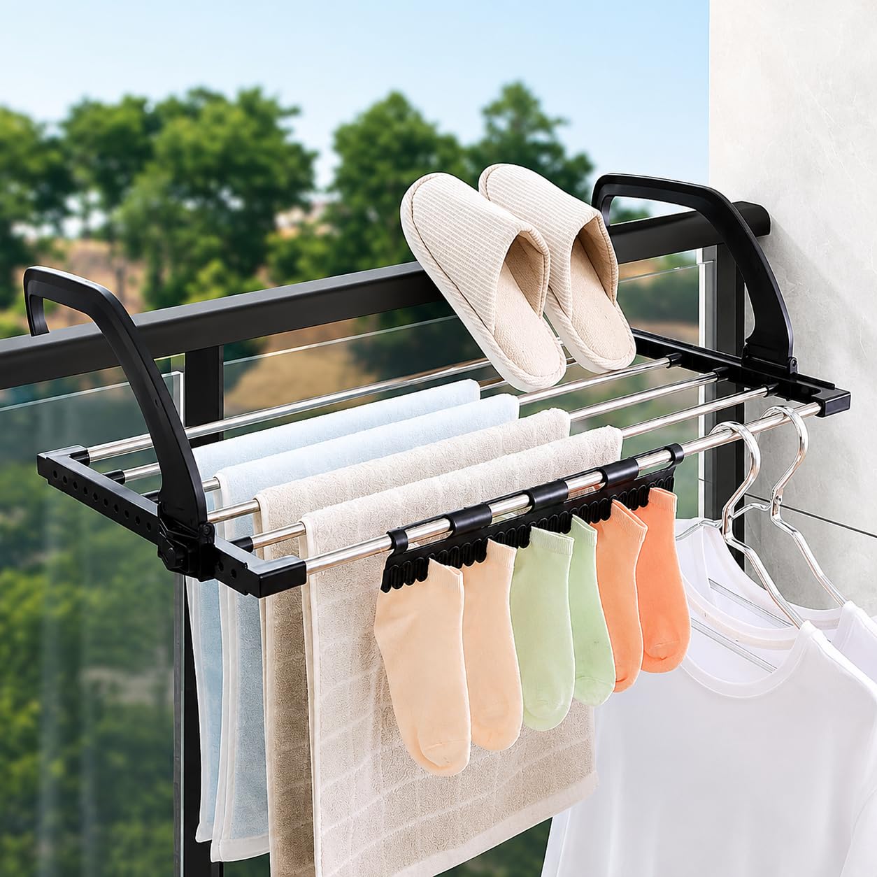 balcony clothes drying rack with 5 bars, foldable adjustable laundry dryer stand, stainless steel clothes airer for window, railing, door & radiator, space saving indoor outdoor hanger organizer