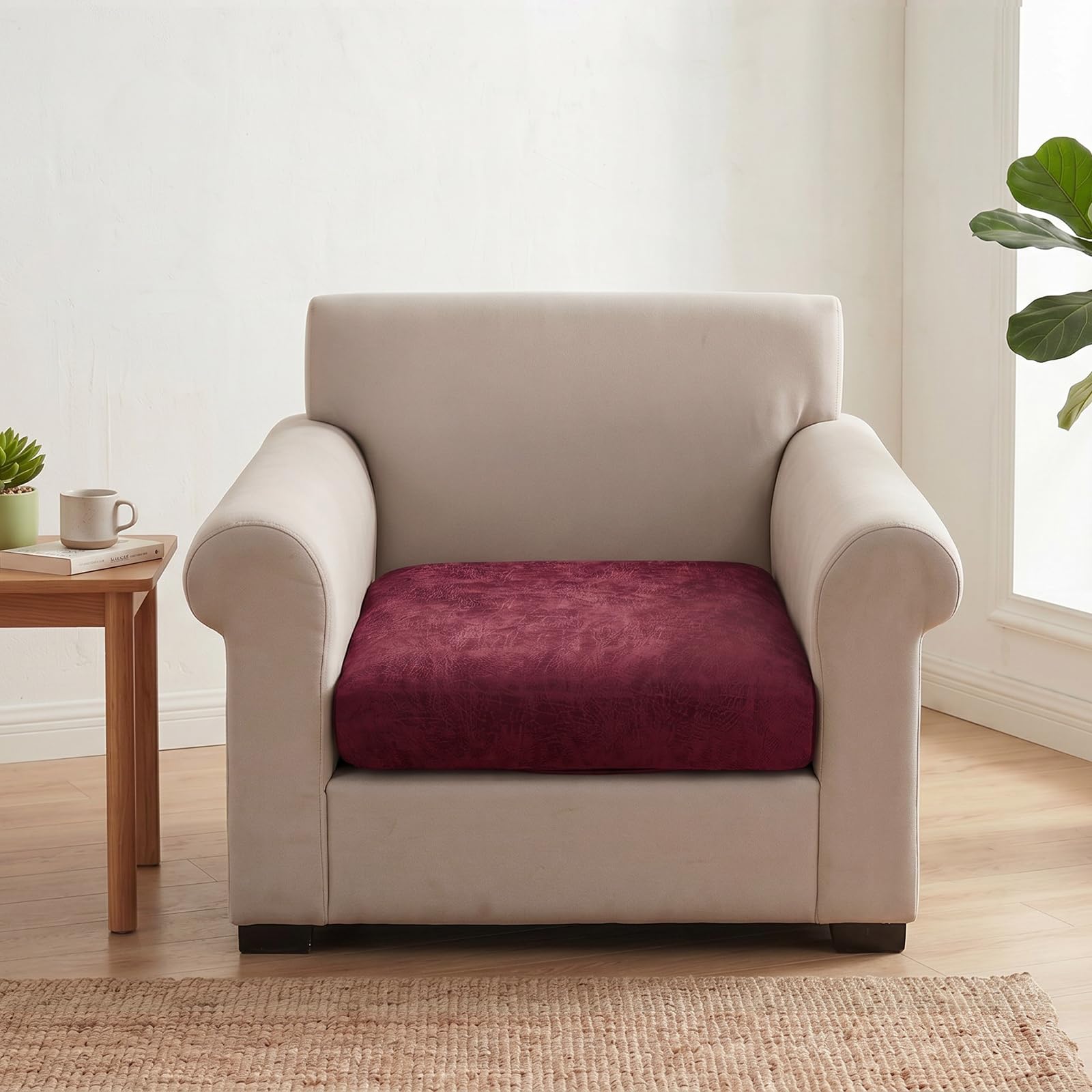 ele ELEOPTION Stretch Sofa Seat Cushion Cover, Outdoor Couch Cushion Cover, Non-Slip & Soft Leather-Like with Elastic Bottom, Water-Repellent Protector for Parlor Garden Patio(Wine Red,65~95cm*1)