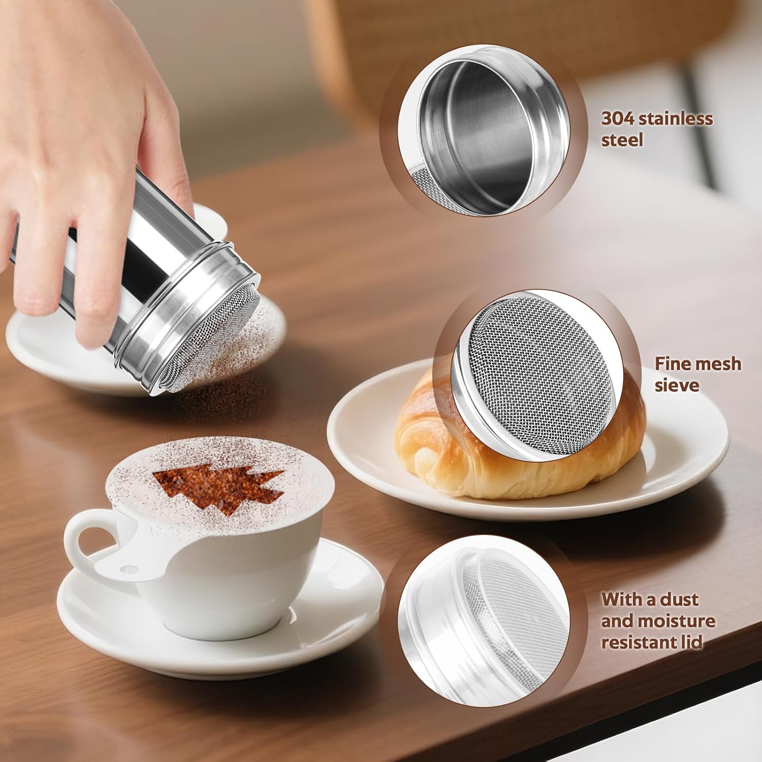 2 Pack Powder Sugar Shaker Duster & Seasoning Shaker - Fine & Large Mesh Powder Shaker for Baking Soda, Cinnamon, Salt, Sugar, Msg - Includes 16 Coffee Stencils