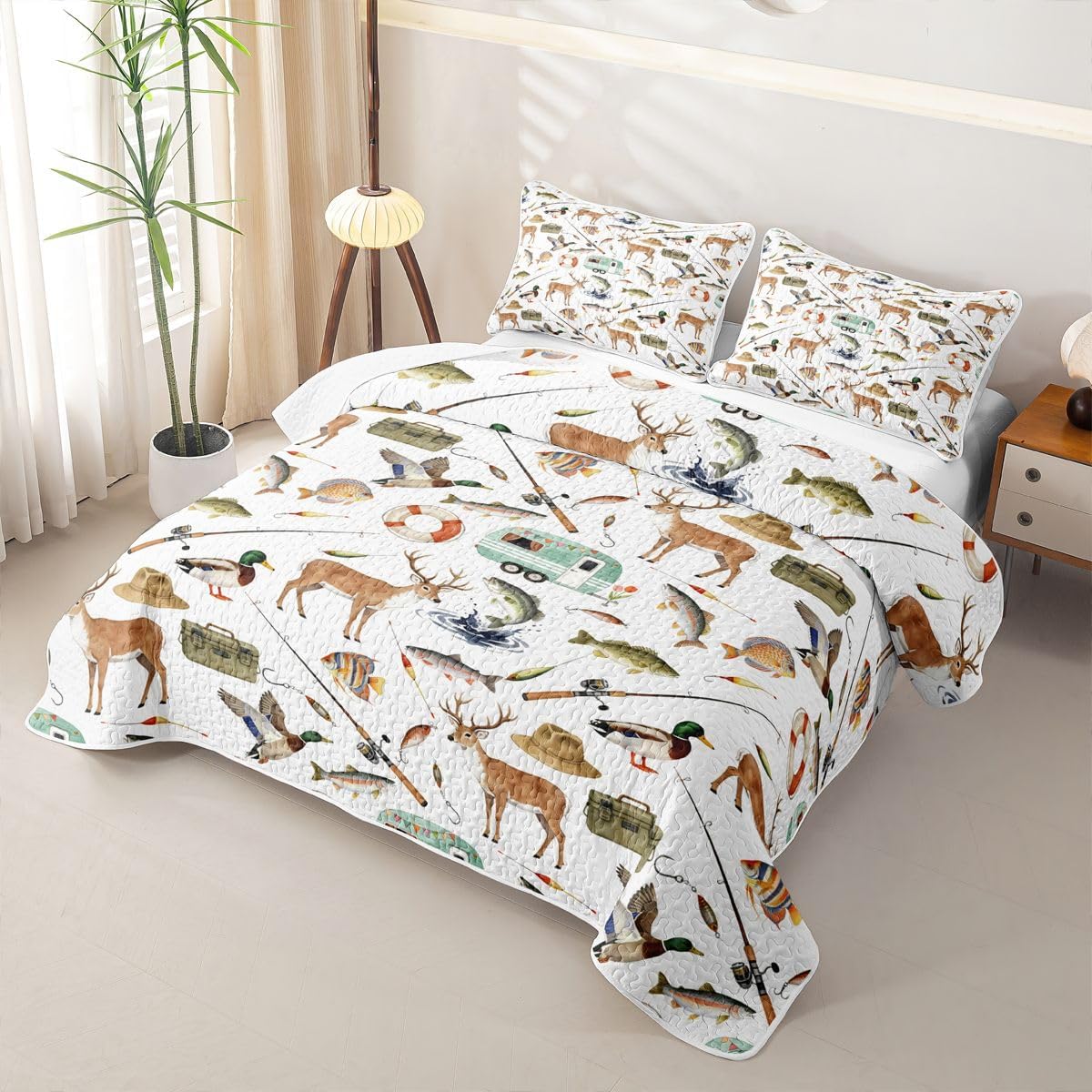 Erosebridal Hunting and Fishing Quilt Set Twin Size Mallard Duck Deer Hunting Breathable Soft Quilt Boys Bass Fish Camper Car Quilted Bedspread Rustic Cabin Lake House Wild Coverlet with 1 Pillowcase