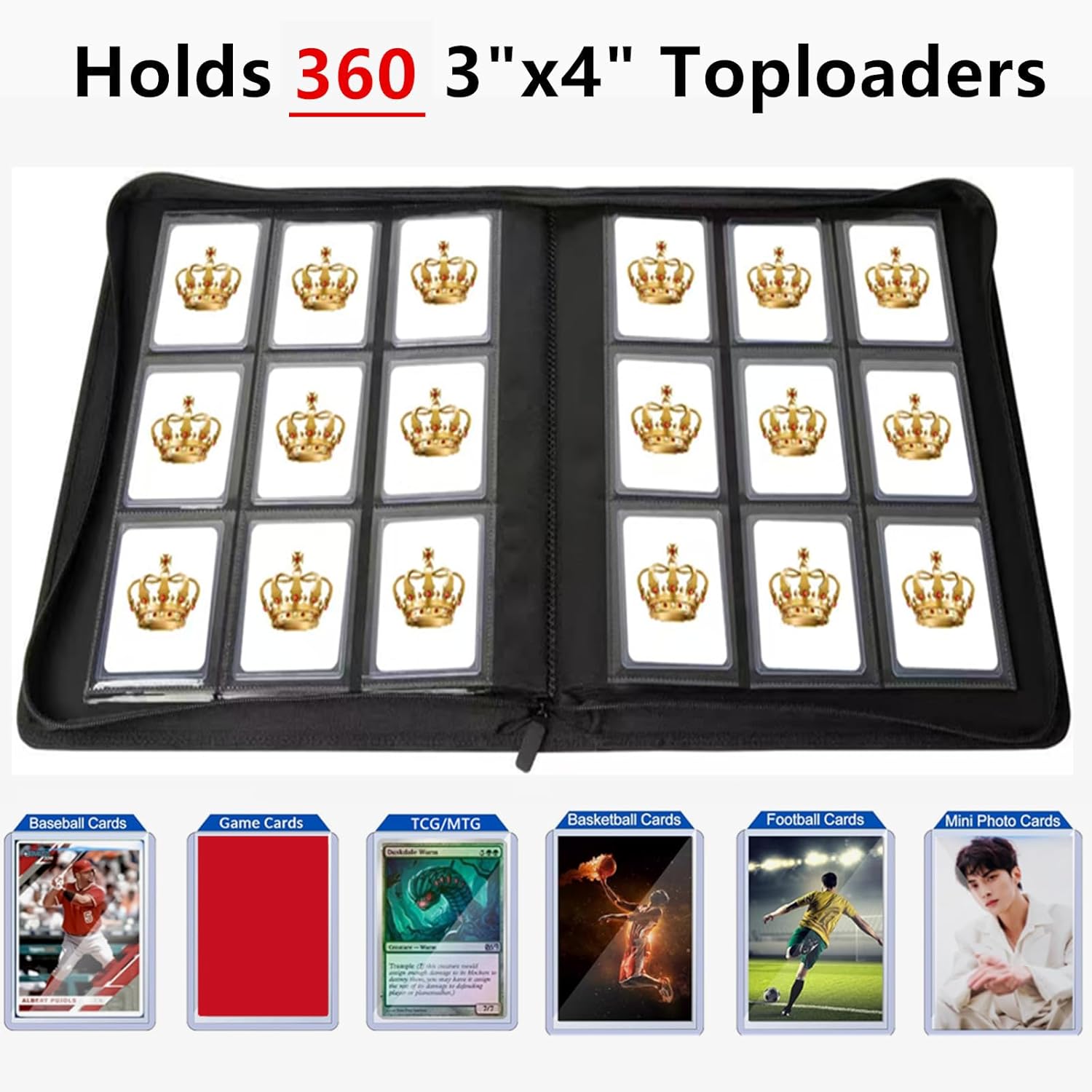 Toploader Binder,9-Pocket Double Sided Top Loader Binder,Holds 288 Cards in 3"x4" Toploaders,PU Leather Card Binder Abulm for Toploader Trading,Sports,and Gaming Cards (Black)