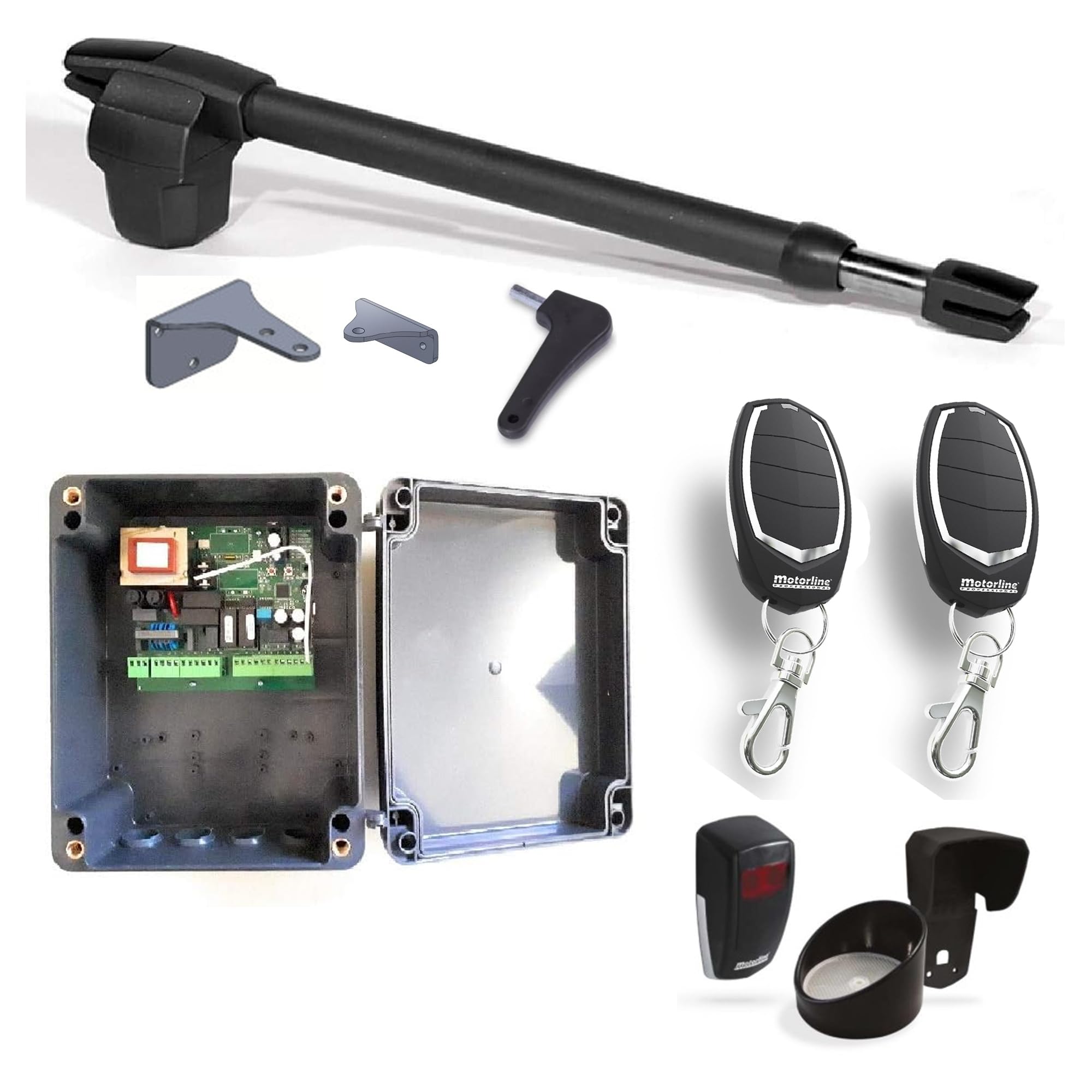 Kit Motor de Brazo Motorline Lince 400 para Puerta batiente de 1 Hoja hasta 3m. Kit Completo motorización Cancela 1 Hoja Calidad Profesional Cuadro fotocelula Espejo 2 mandos (Lado Izquierdo)