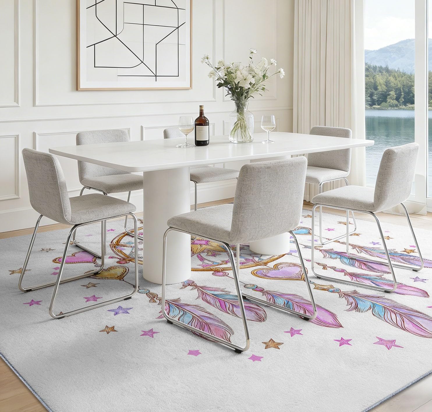 Teppich Waschbar 140 x 200 cm Aquarell-Traumfänger Kinderzimmer Teppich, Böhmisch rutschfest Kurzflor Pflegeleicht Teppiche Für Wohnzimmer Schlafzimmer Flur Küche