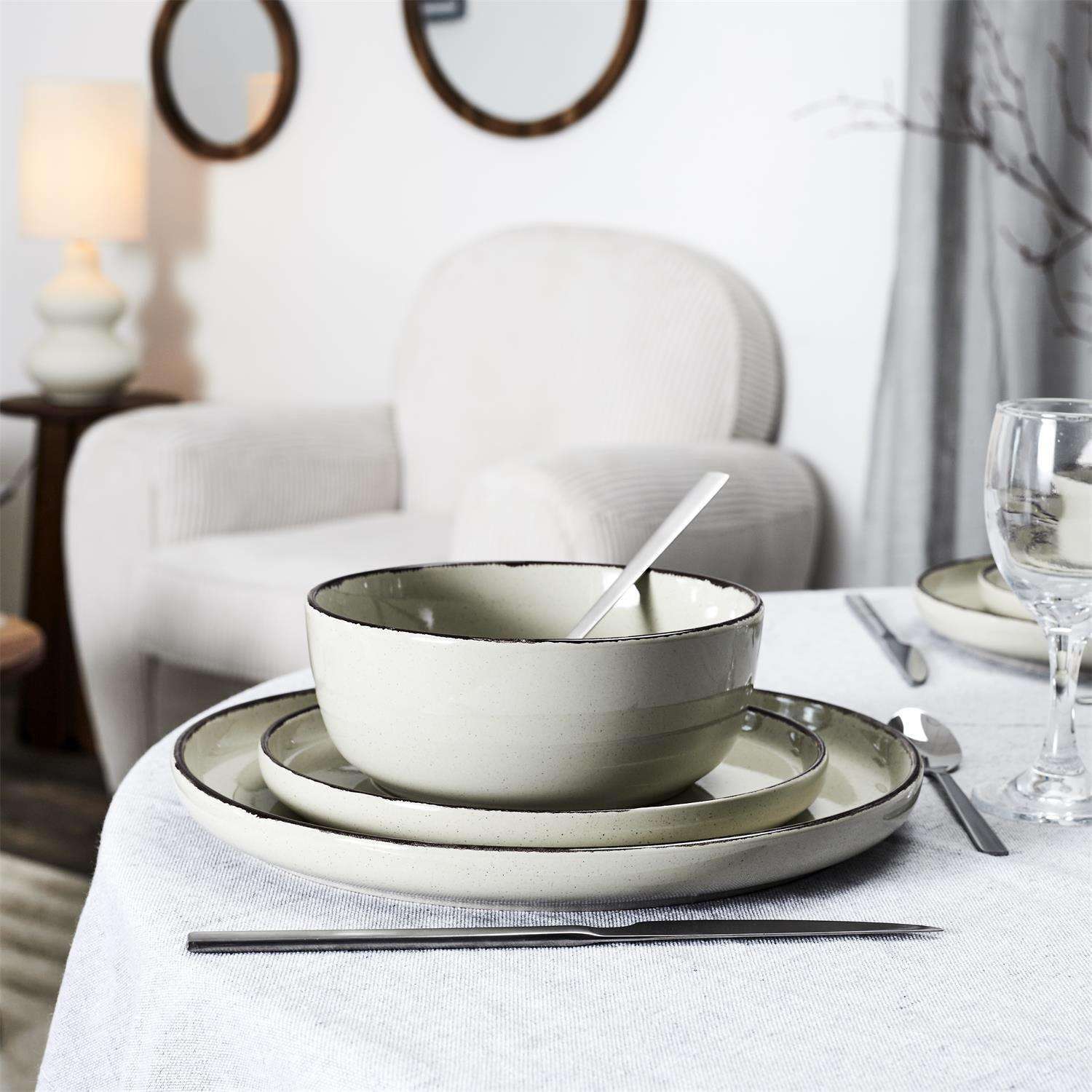 Home Deco Factory, KA0444, Servizio Piatti 12 Pezzi in Gres Beige, Piatti Fondi, Piani e Dessert, Design Artigianale, Resistente e Pratico, Facile Manutenzione, Misura: 12 Pezzi, Colore: Beige