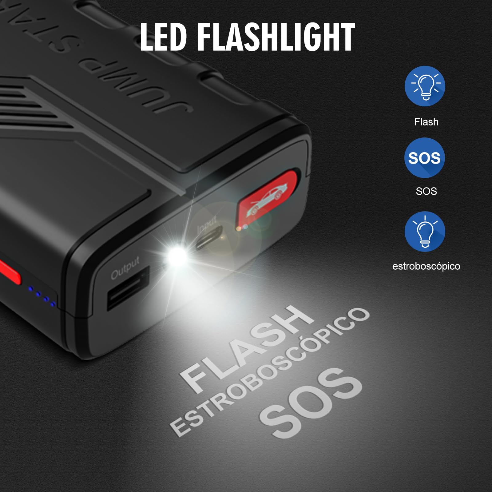 Arrancador de Baterias de Coche,1500 A Arrancador de Coches Portatil para Motor 7.0 L Gasolina o 5.5 L Diesel con Pinzas Bateria Coche, 12 V Booster con Carga rápida USB y Linterna LED de Emergencia