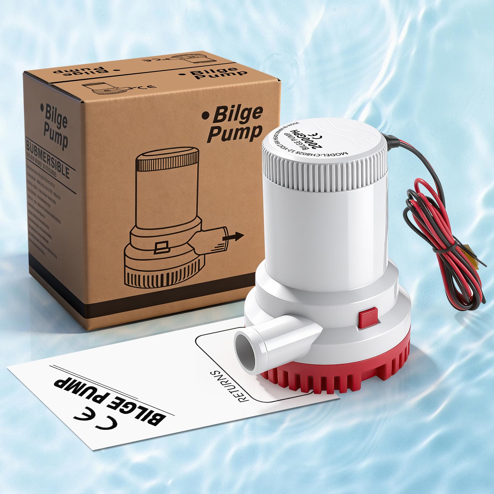 Bomba de Achique 12V 2000GPH, Bomba de Cuña Eléctrica de Barcos, Bomba de Agua de Sentina 29mm(1-1/8") Sumergible, Bomba de Agua Sumergible para Barcos, Yates, Caravanas y Jardines