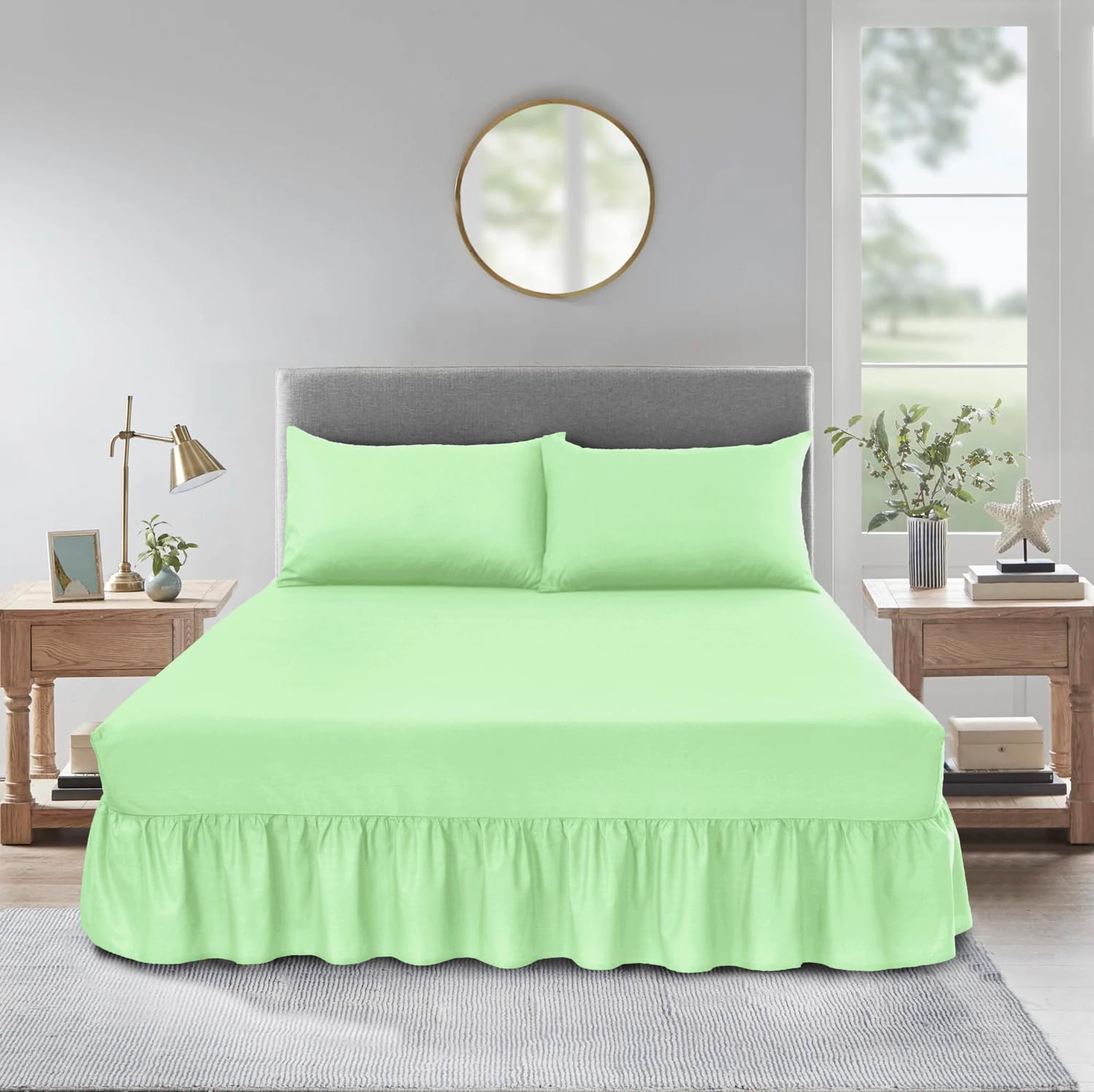 Premium Valance Fitted Sheets with Elegant Ruffles – Wrinkle-Free, Durable Bed Skirts for All Mattress Sizes, Easy to Install (MINT GREEN, SINGLE)