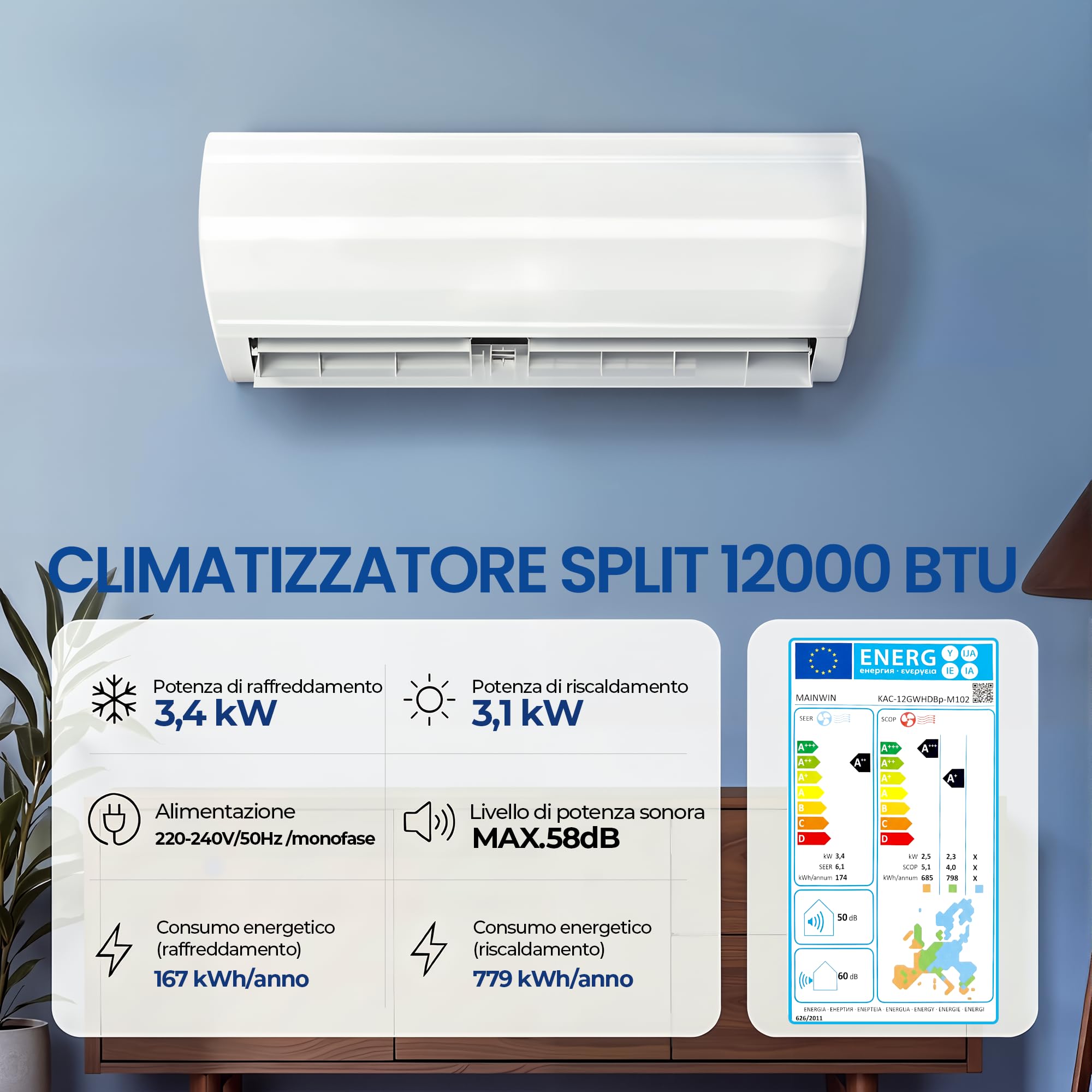 TRIUMPHKEY climatizzatore Split 12000 BTU / 3,4 kW con 2 Tubi in Rame da 3 m, Climatizzatore Inverter con Riscaldamento, Classe A++, fino a 45 m², R32, Telecomando e Kit di Montaggio